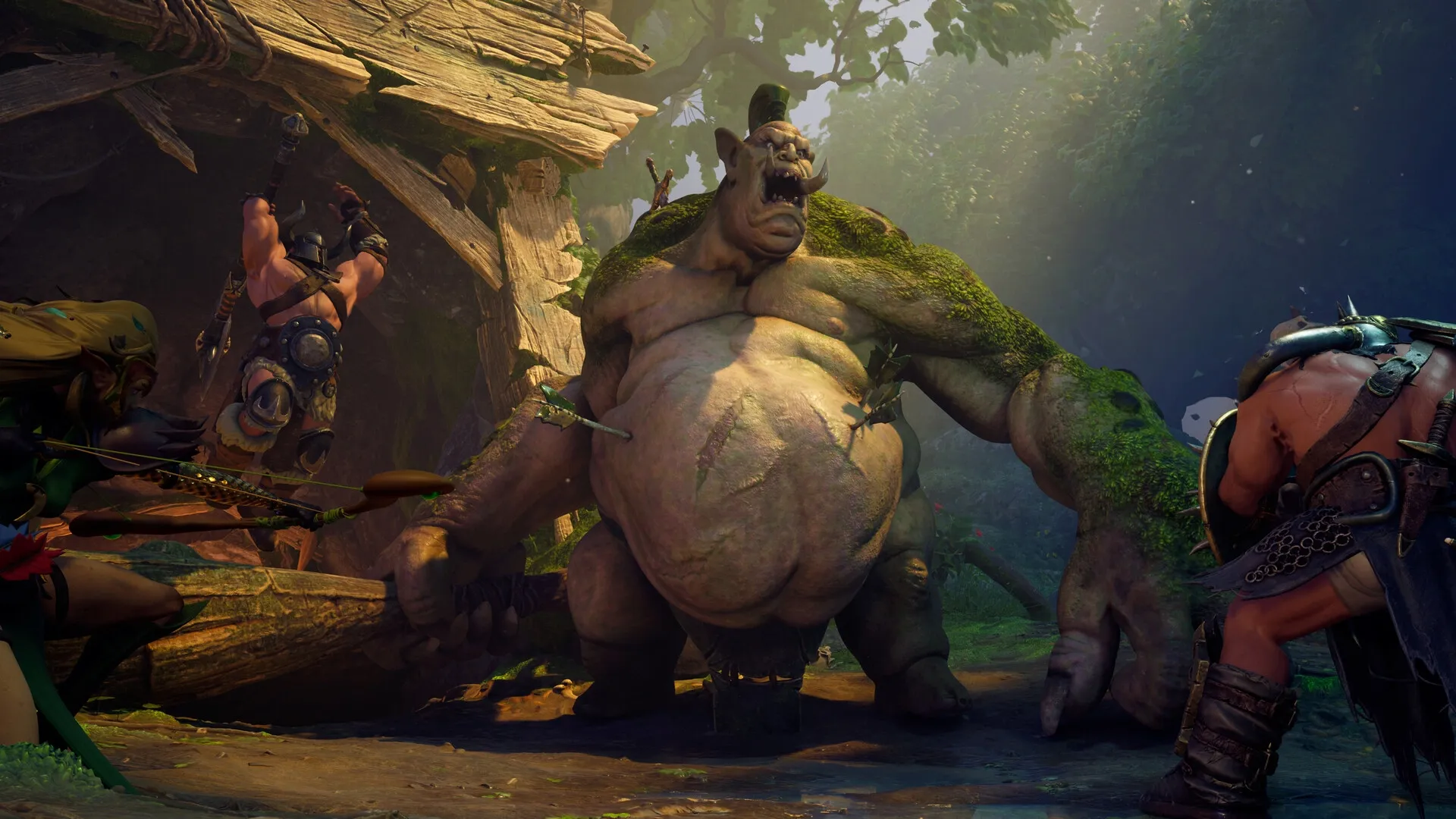 Legacy: Heroes engage a towering ogre in a dense forest clearing, armed with bows and swords.