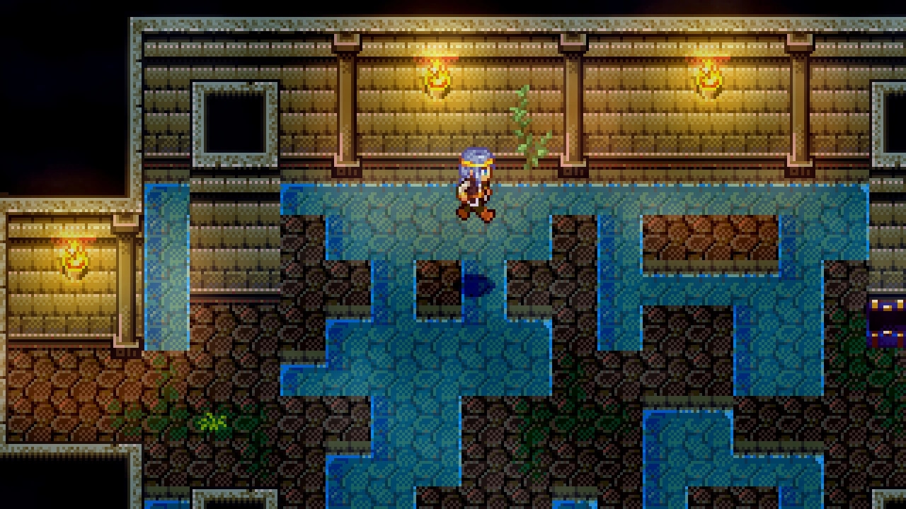 Legends of Astravia: Character navigates a torch-lit stone dungeon with water tiles and vine-covered walls.