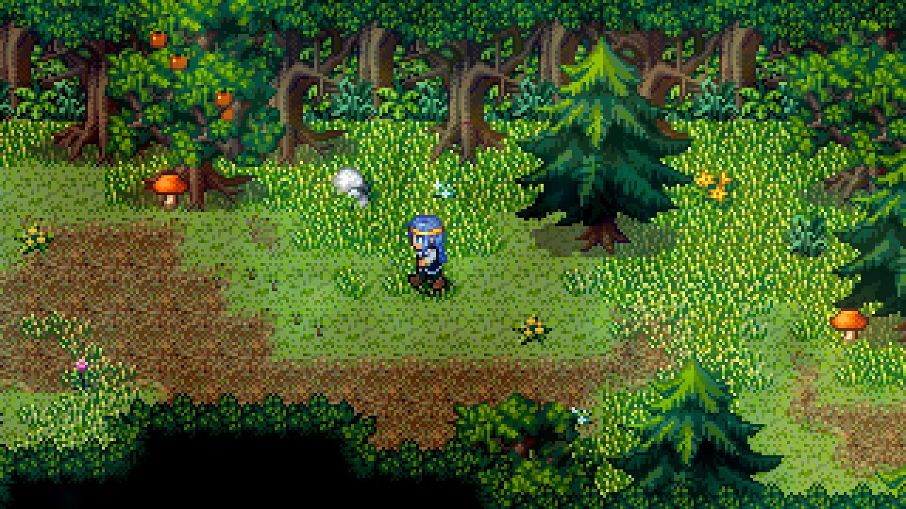 Legends of Astravia: Character exploring lush forest clearing with vibrant trees and scattered flowers