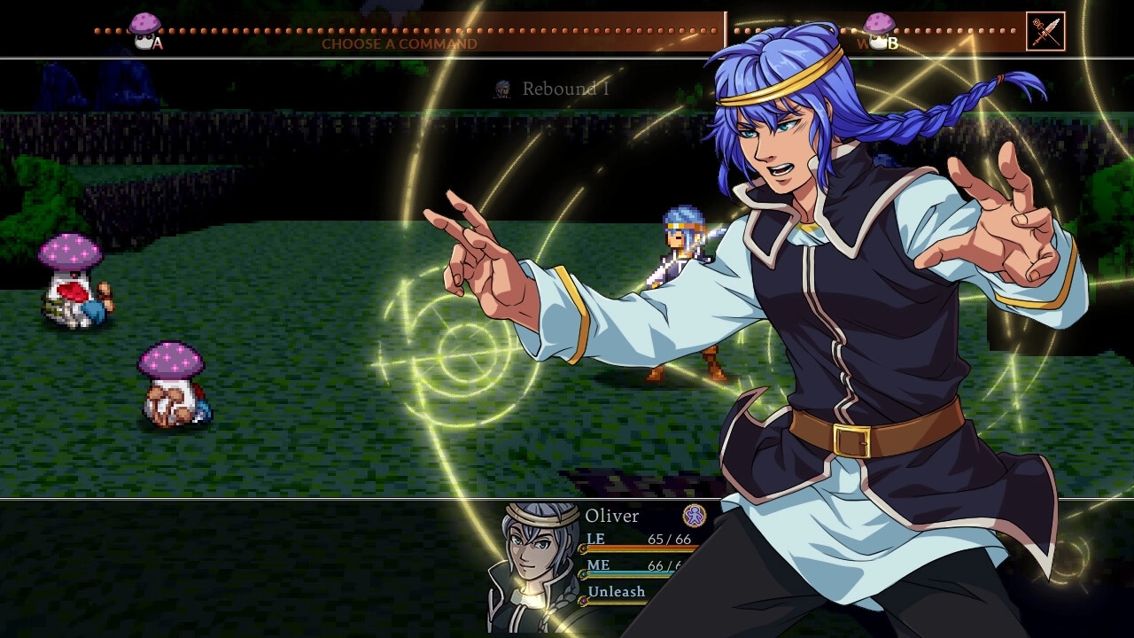 Legends of Astravia: Oliver casting spell during battle against mushroom enemies in forest clearing
