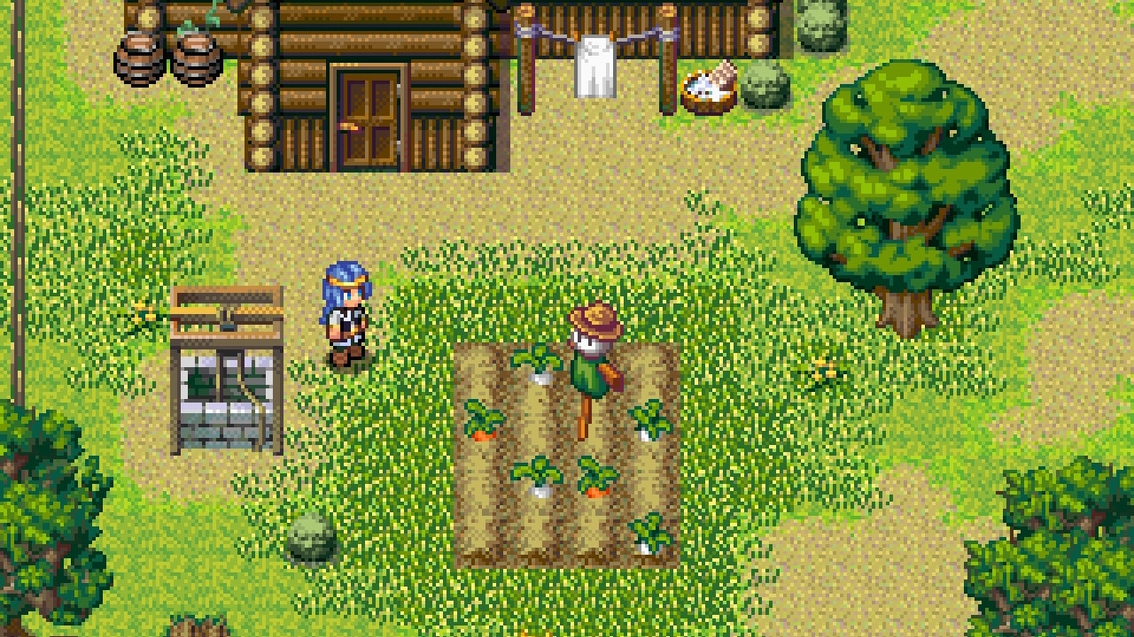 Legends of Astravia: Character exploring farm with scarecrow next to rustic cabin and lush greenery