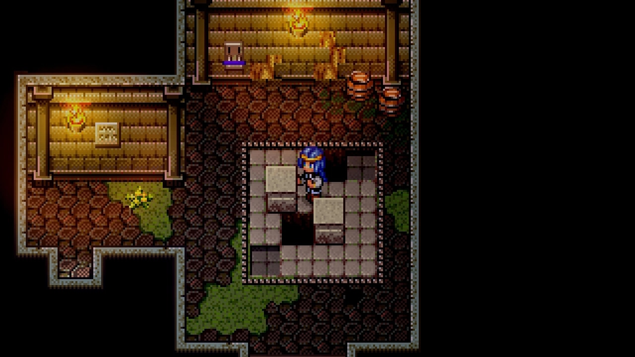 Legends of Astravia: Hero solving stone puzzle in dimly lit dungeon with torches and barrels nearby