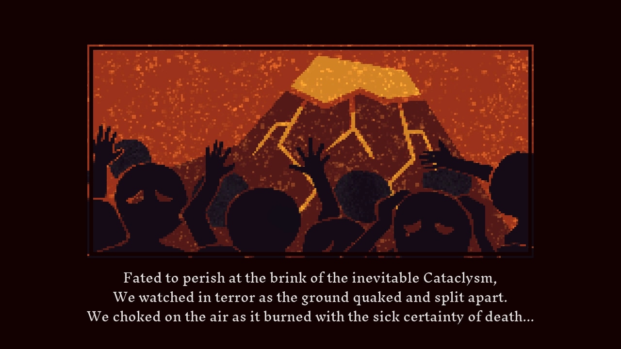 Legends of Astravia: Silhouetted crowd with raised hands before erupting volcano and fiery sky