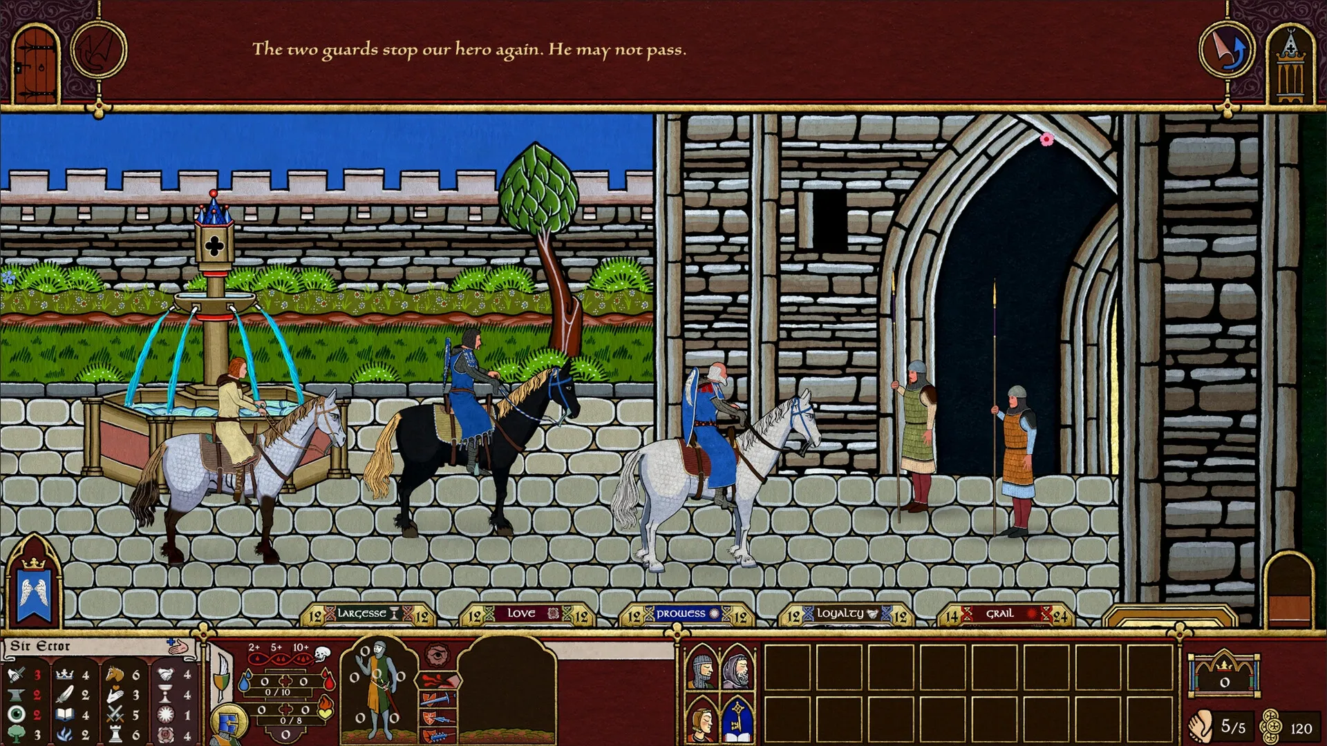 Legends of the Round Table: Knights on horseback halted by castle guards at an arched stone gate.