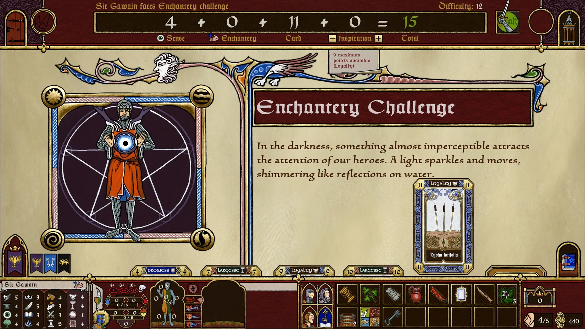 Legends of the Round Table: Sir Gawain faces Enchantery challenge with stats and card interface displayed