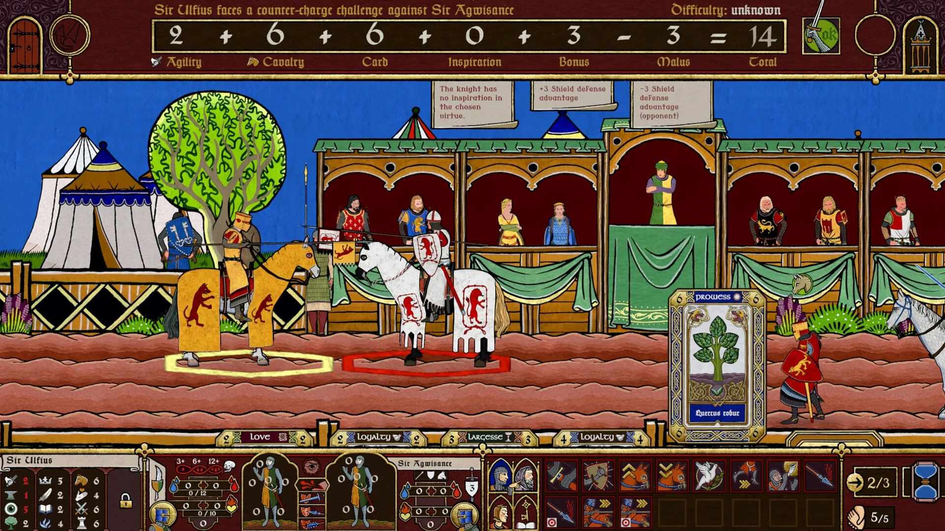 Legends of the Round Table: Sir Ulfius faces Sir Agwisance in a jousting match at a medieval tournament.