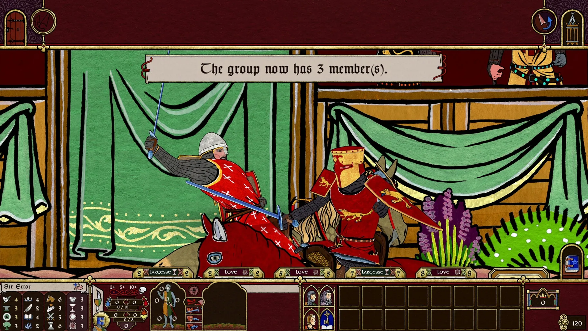Legends of the Round Table: Knights in red armor strategize in a medieval tent setting with UI panels.