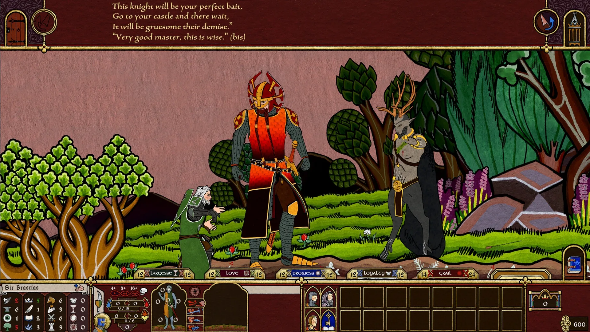 Legends of the Round Table: Sir Brastias confronts armored foe in stylized forest with UI displayed.