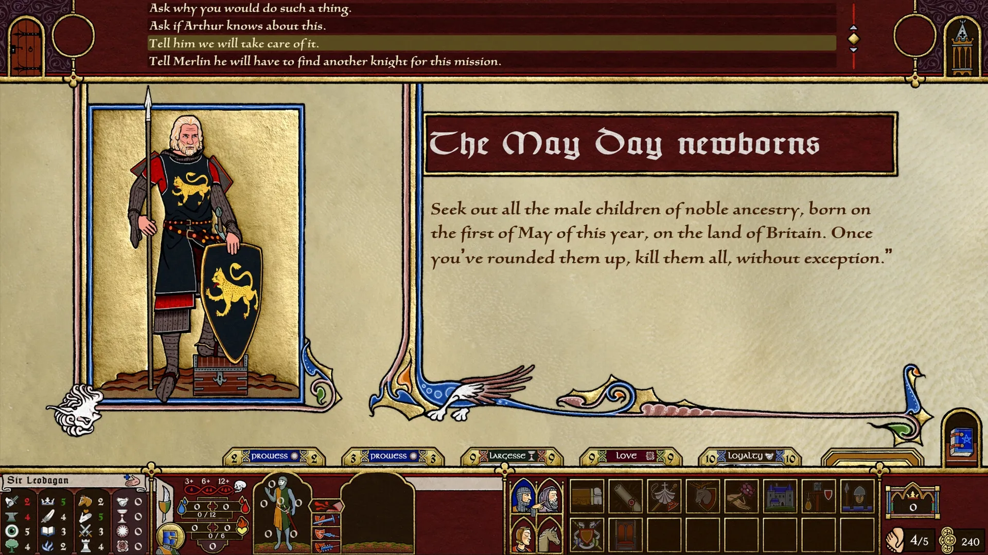 Legends of the Round Table: Sir Leodegan's quest dialogue with character stats in medieval interface
