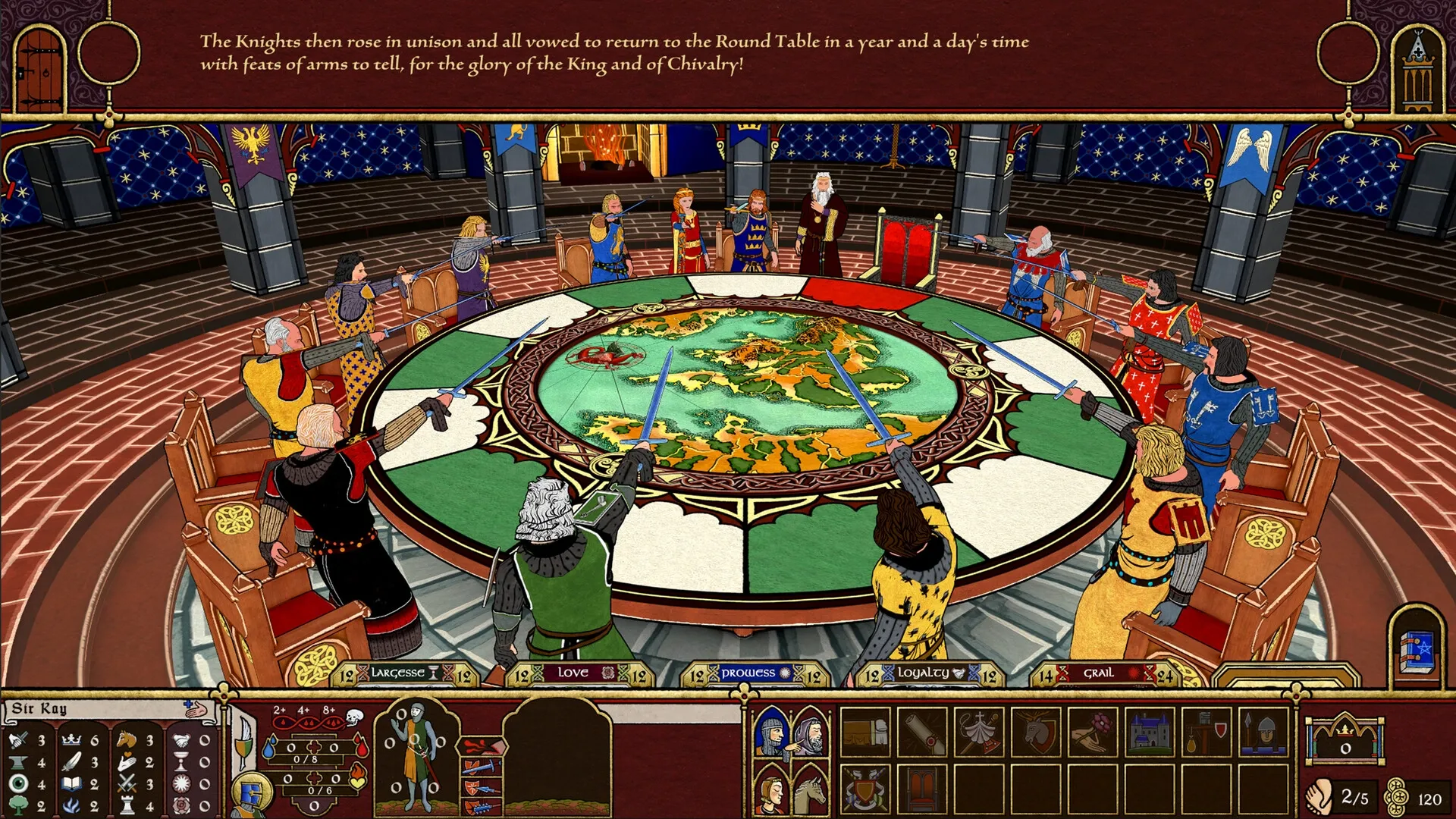Legends of the Round Table: Knights raise swords around a map-filled table in a grand medieval hall.