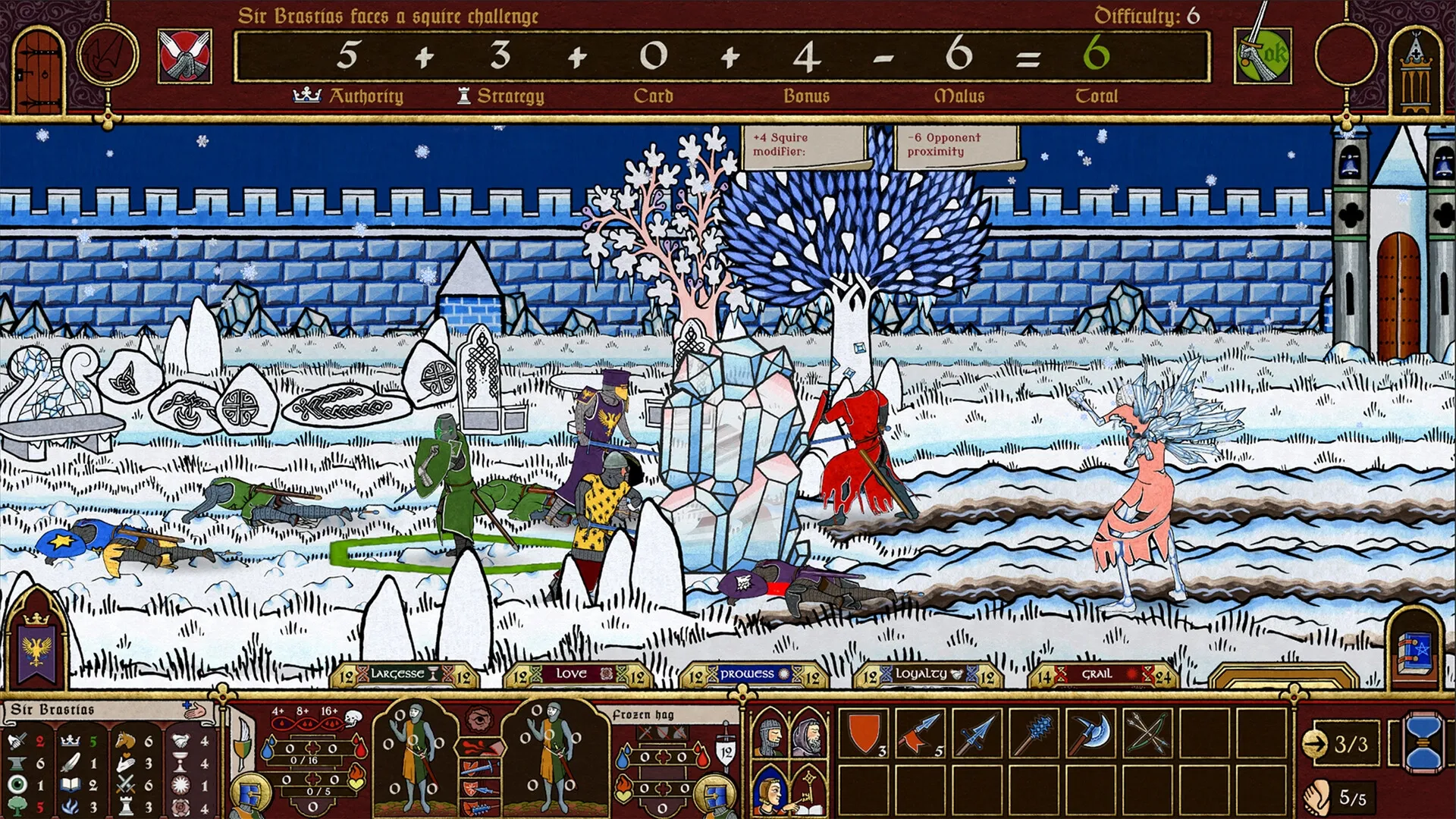 Legends of the Round Table: Sir Brastias battles foes in a snowy landscape with strategic UI elements.