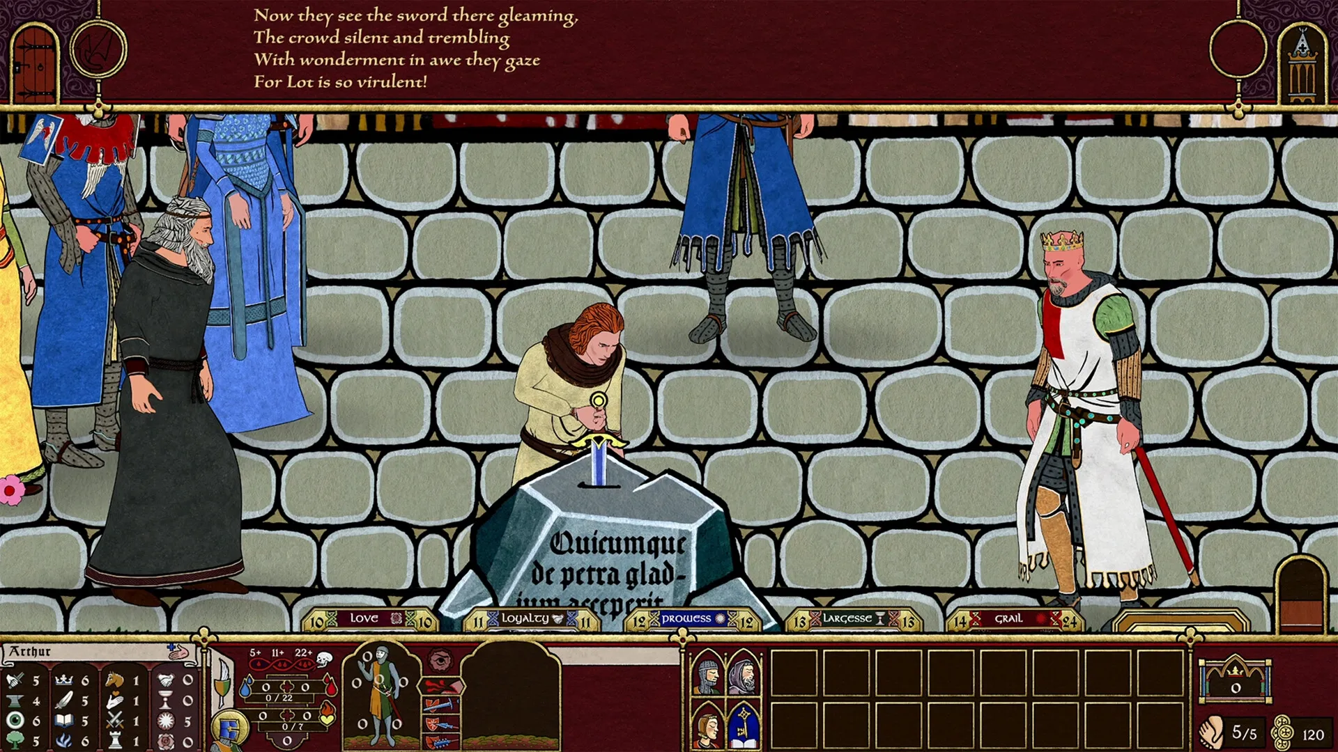 Legends of the Round Table: Young knight attempts to pull the sword from the stone in castle courtyard.