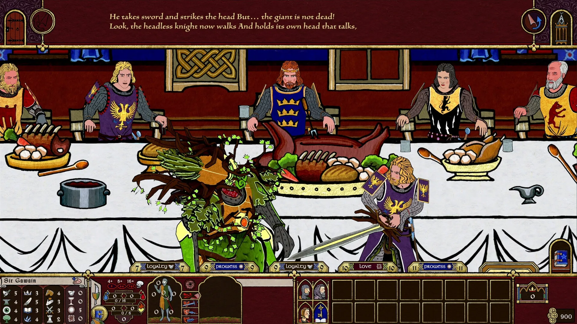 Legends of the Round Table: Sir Gawain duels a green knight in the banquet hall with UI stats below