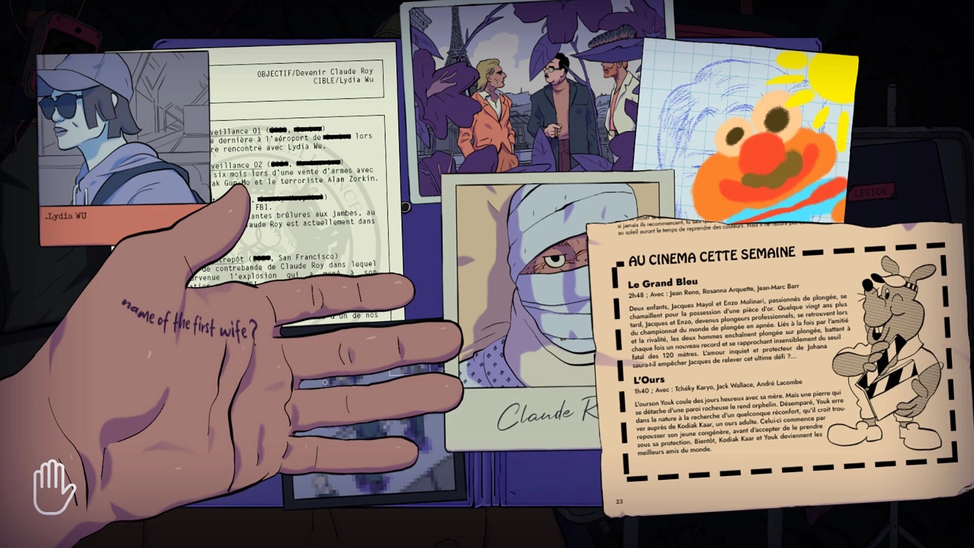 Legion Was Here: Investigative documents and photos on table, hand with question written on palm