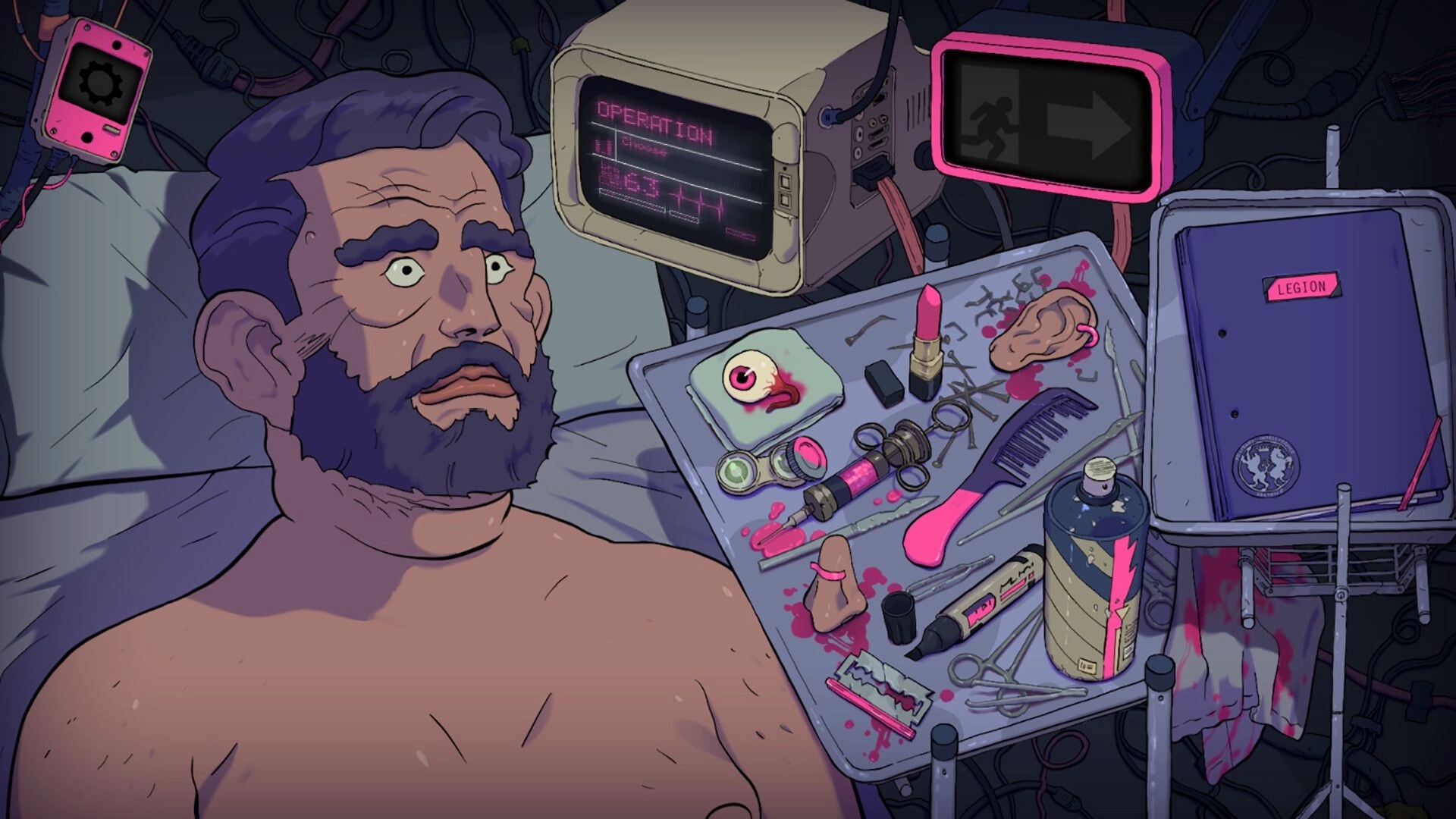 Legion Was Here: Operation room with man in bed, surgical tools, monitors, and a dossier labeled Legion