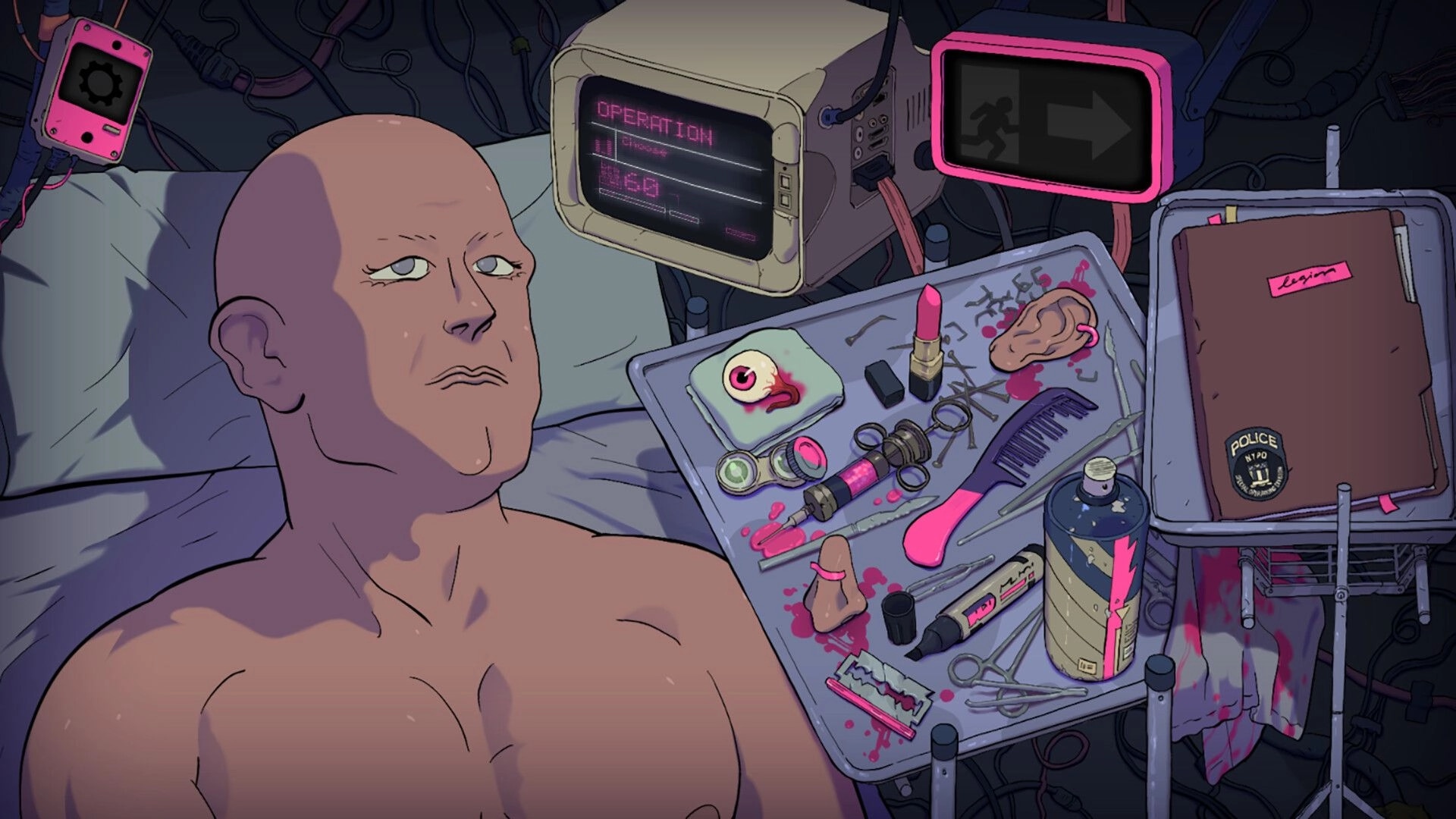 Legion Was Here: Surgical operation setup with disguise tools on tray, operation screen in dark room