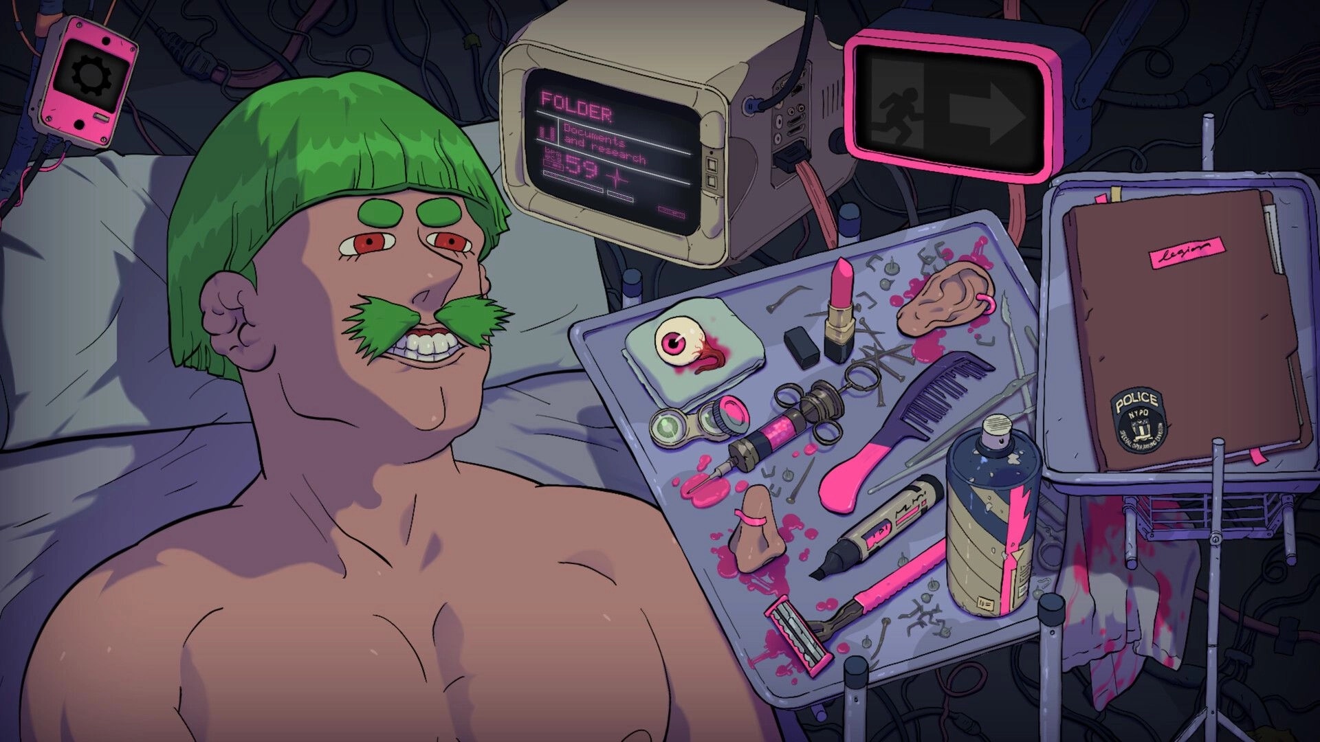 Legion Was Here: Green-haired agent prepped with disguises, tools, and mission data in tech-laden room.