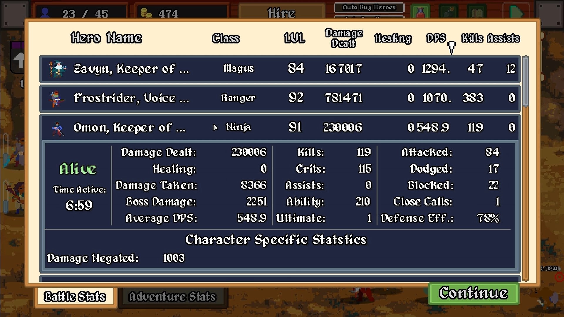 Legionbound: Hero statistics interface with detailed class, level, and performance metrics displayed