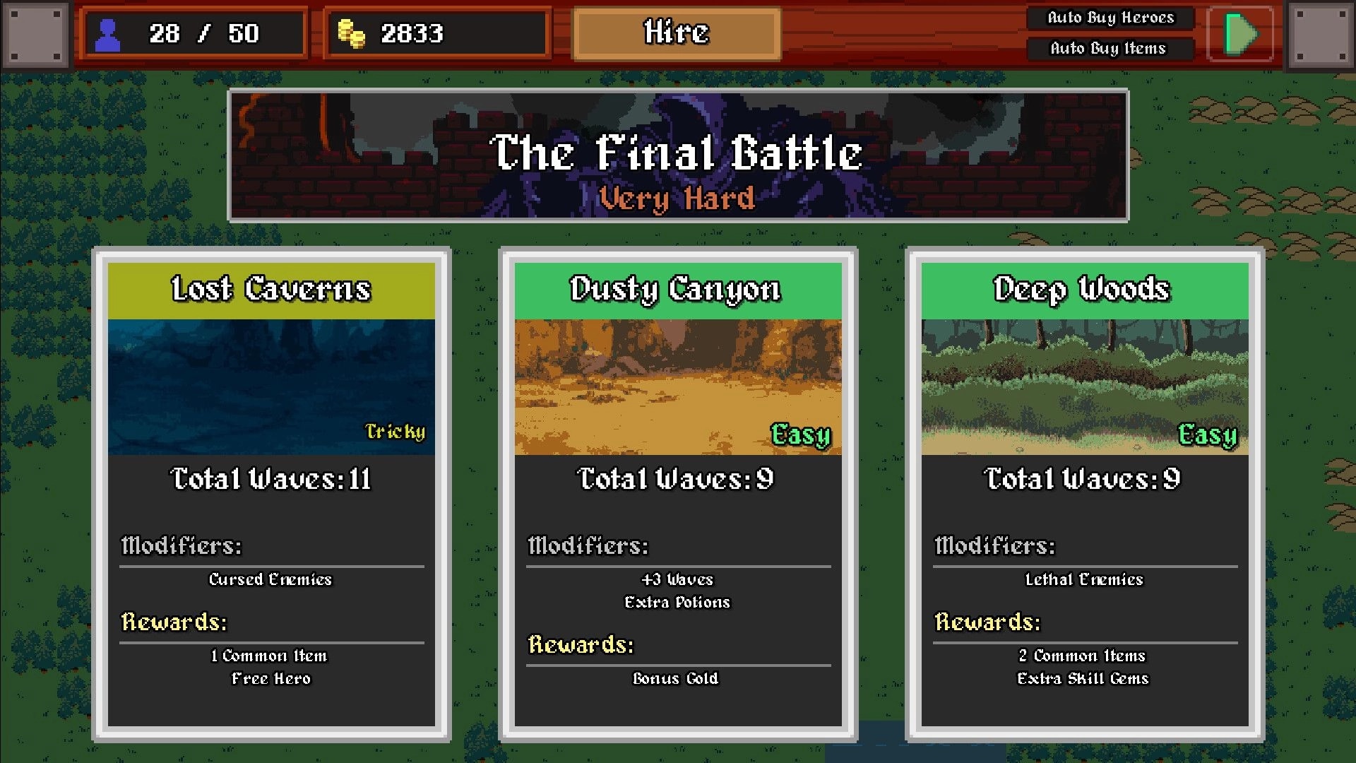 Legionbound: Level selection menu with three stages, including Lost Caverns, Dusty Canyon, and Deep Woods