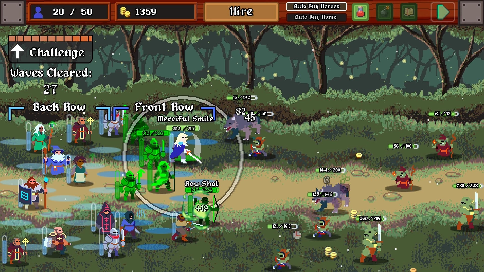 Legionbound: Autobattler combat in forest with hero party facing off against enemies, health bars visible