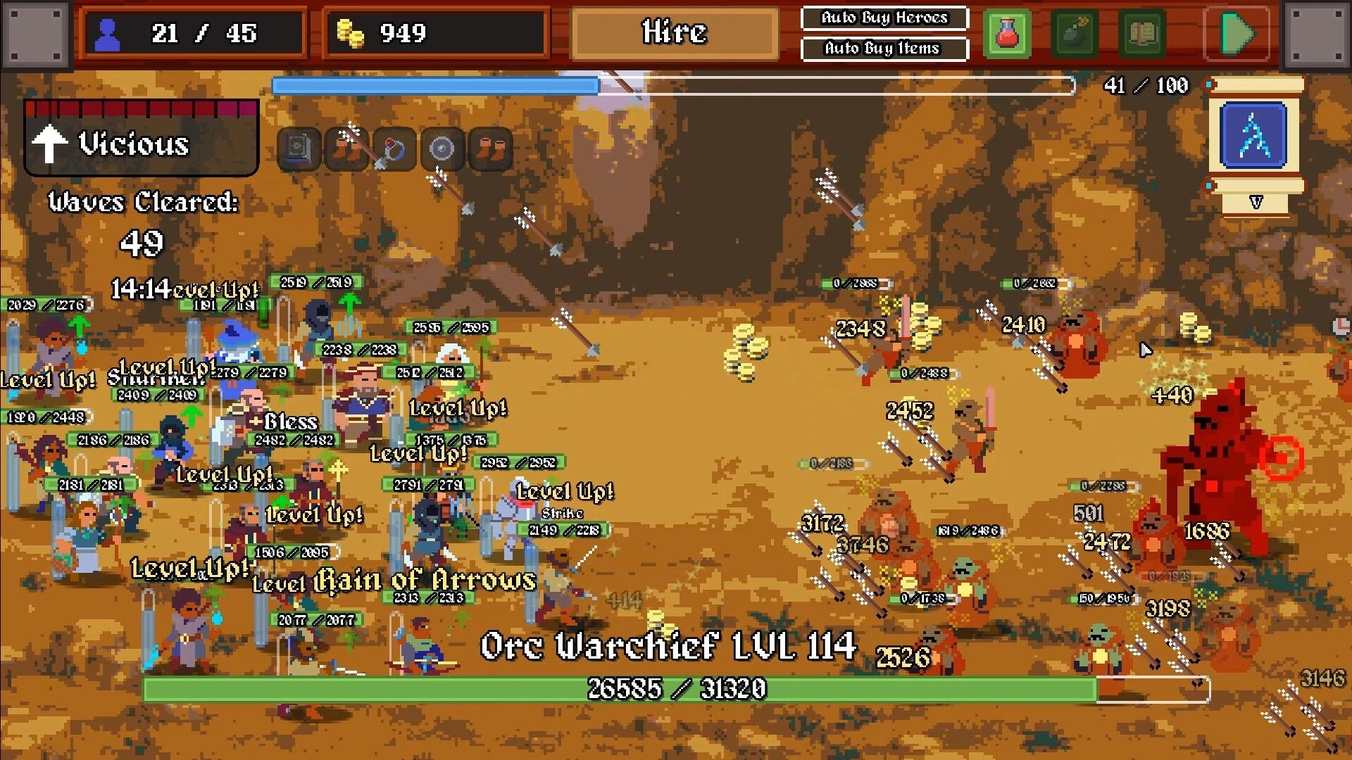 Legionbound: Heroes battle Orc Warchief in rocky terrain, showing health bars and level-up notifications
