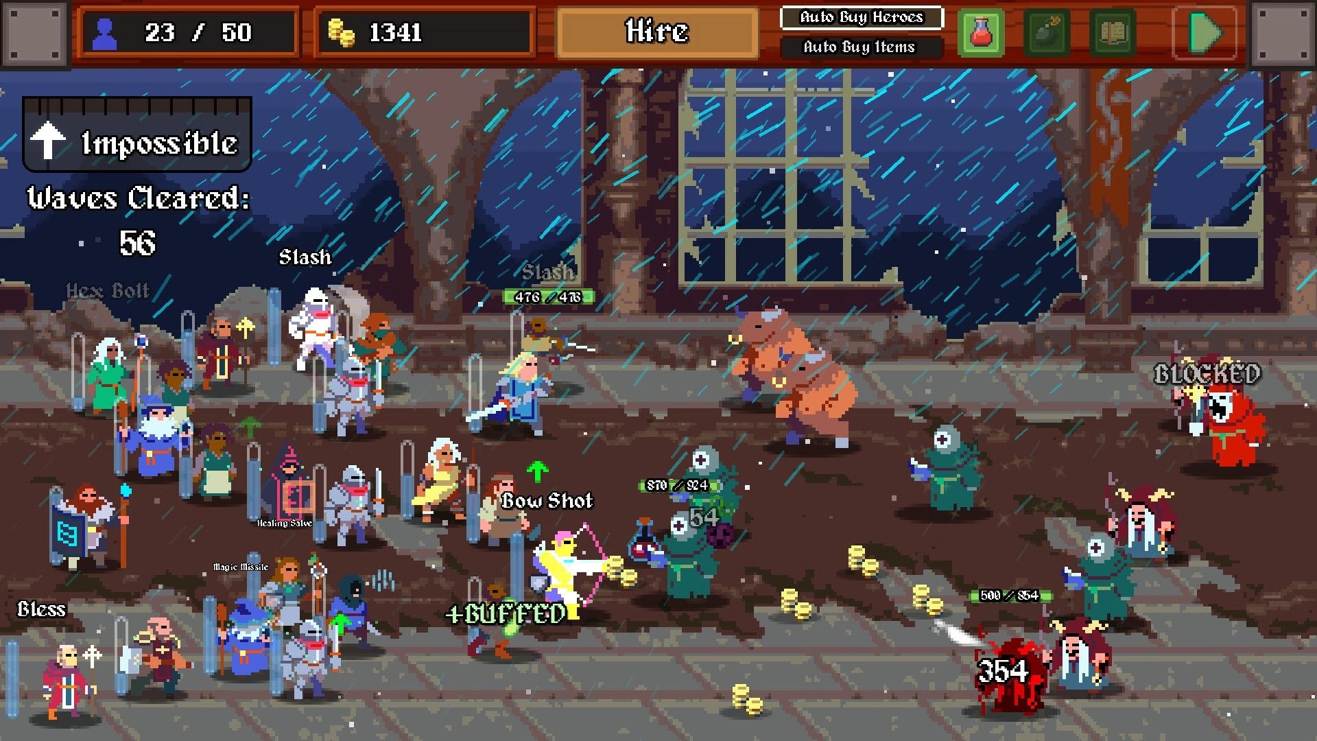 Legionbound: Heroes clash with monsters in a rainy courtyard, displaying attack and buff animations