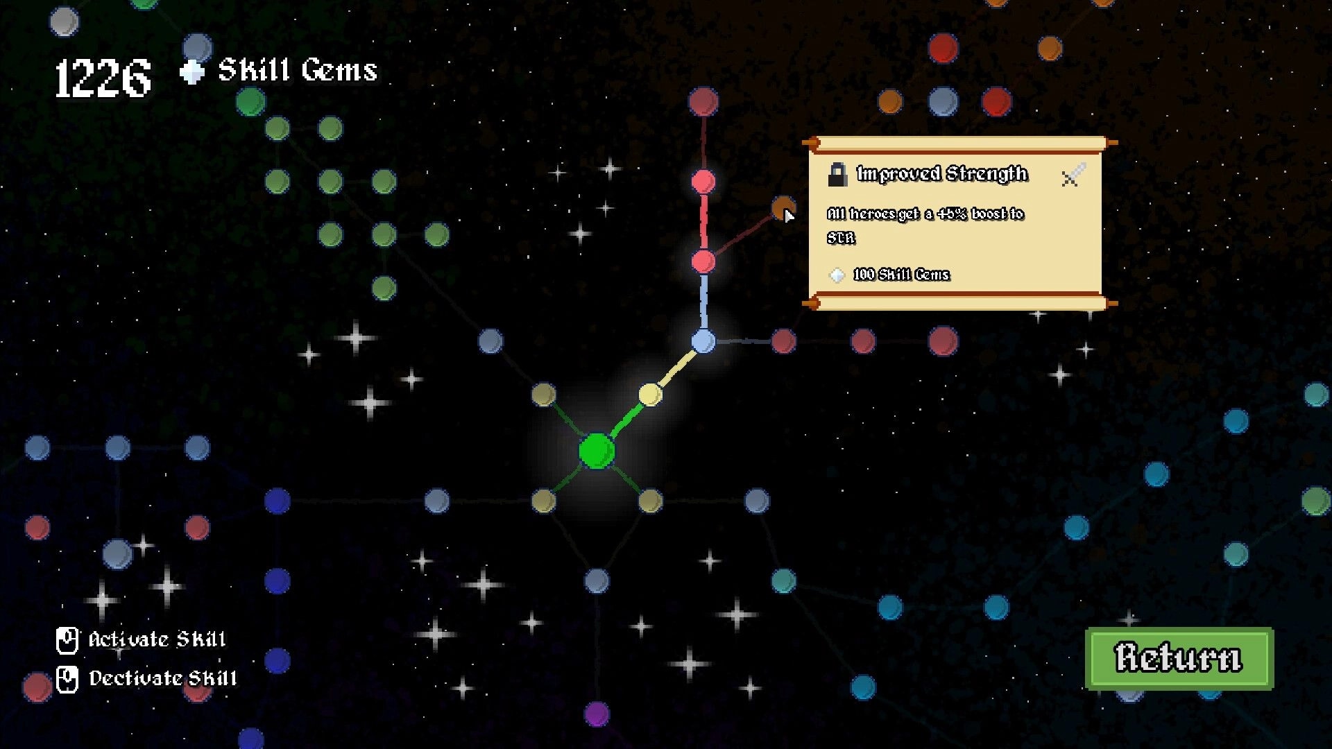 Legionbound: Skill tree interface with nodes and "Improved Strength" upgrade option in starry background.