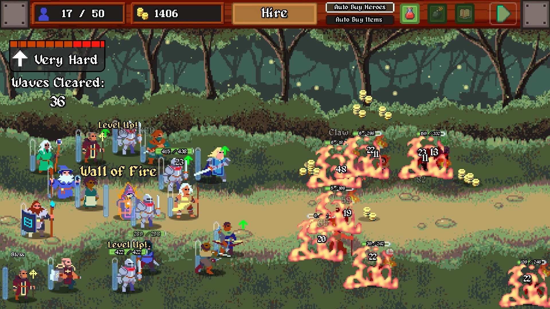 Legionbound: Heroes battle fiery enemies in forest with "Wall of Fire" spell, wave 36, very hard difficulty.