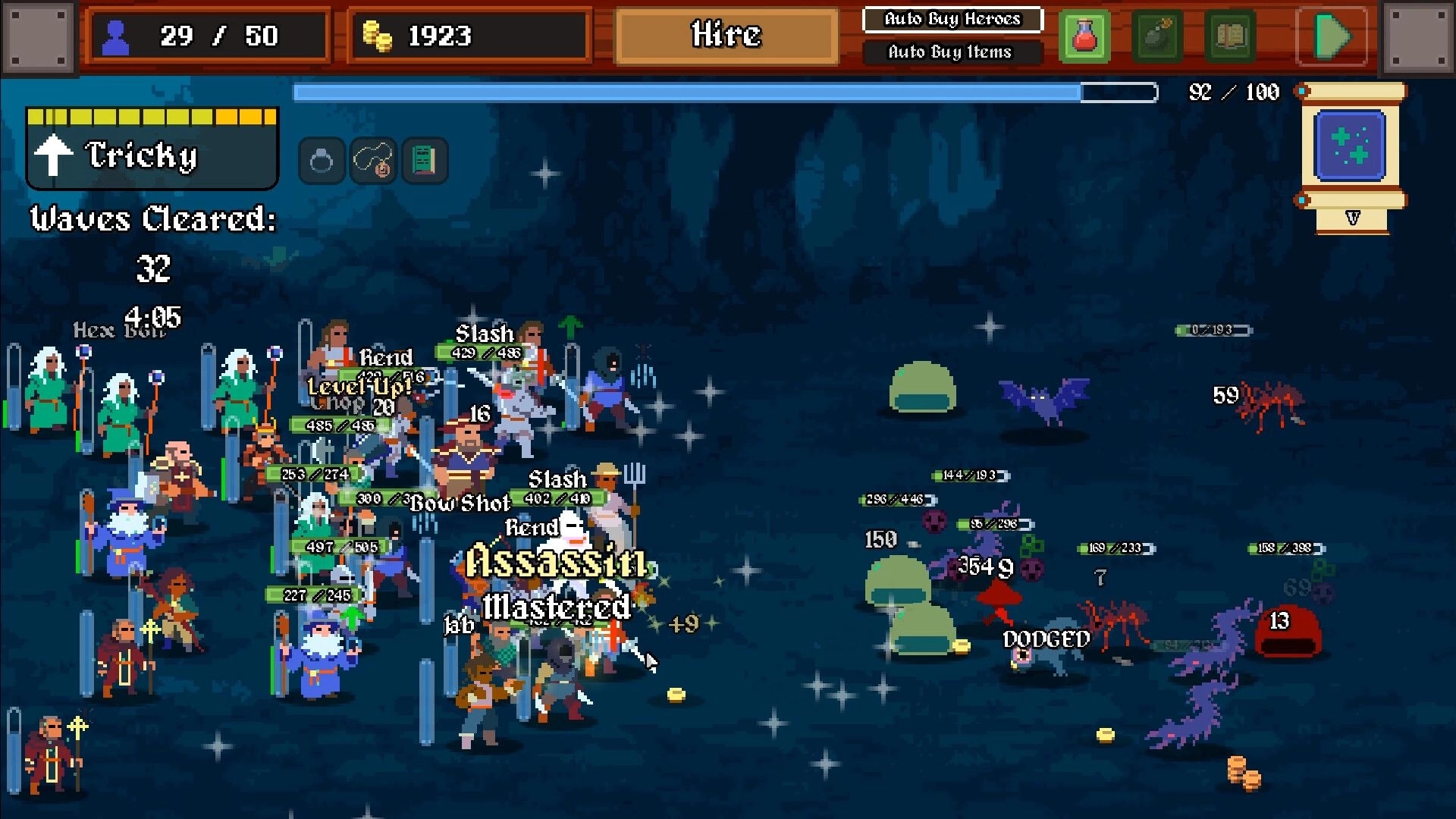 Legionbound: Heroes battling slimes and bats in a cavern, with UI showing waves cleared and gold count.