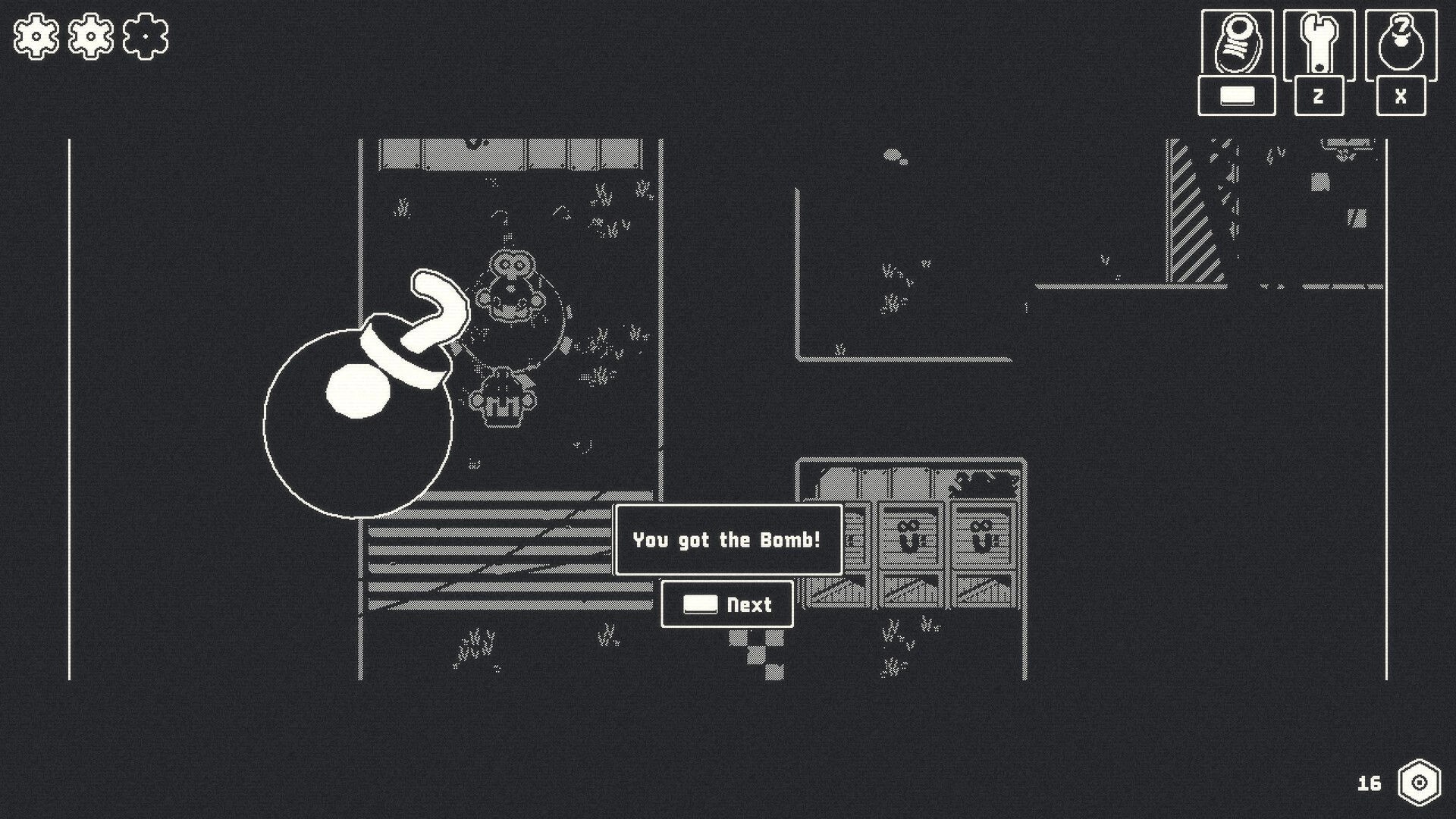 Lelu: Acquires the Bomb in a dark room with monochrome graphics and inventory icons on the screen