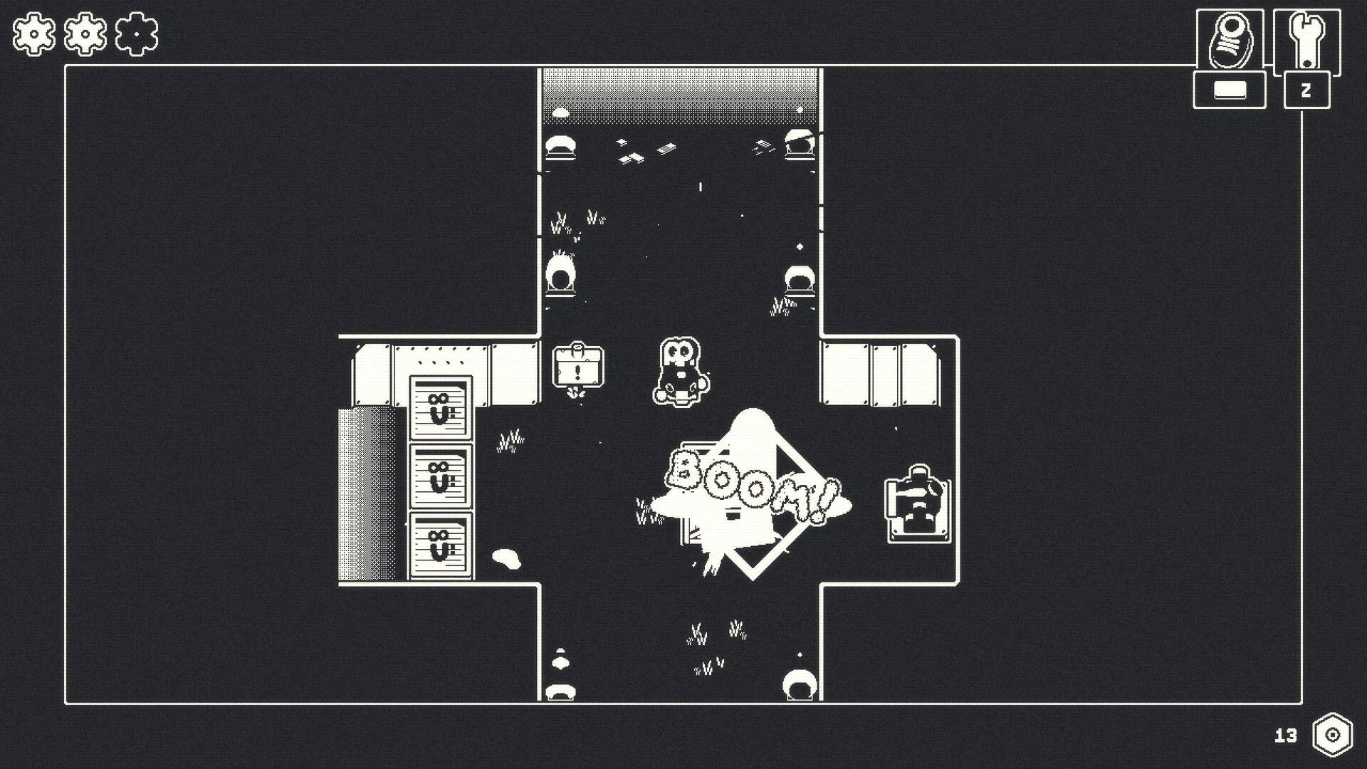 Lelu: Explosive action with "Boom!" text in a monochrome room, inventory icons in the top right.
