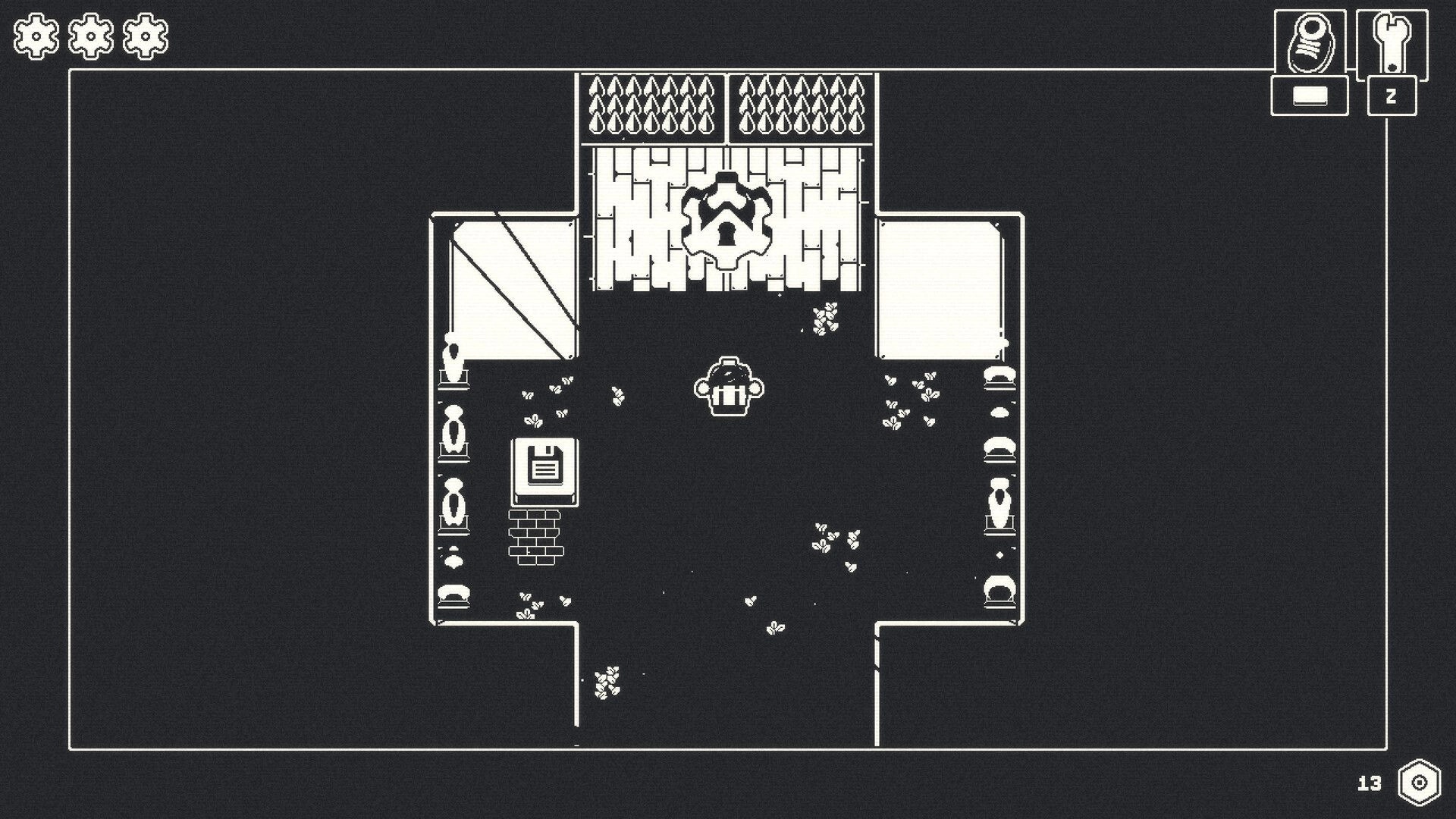Lelu: Overhead view of Lelu in a monochrome room with gears, plants, and a save point visible