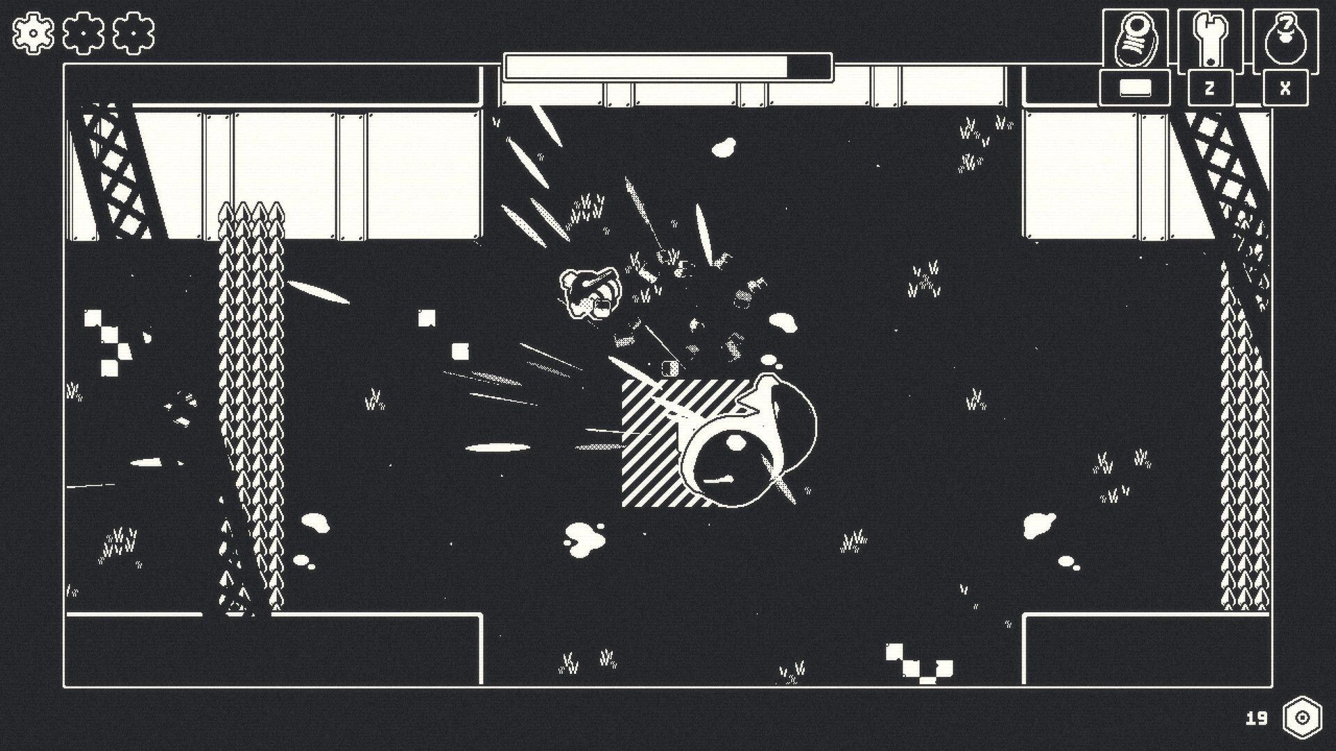 Lelu: Combat with a large mechanical enemy in a monochrome factory environment with UI elements visible.