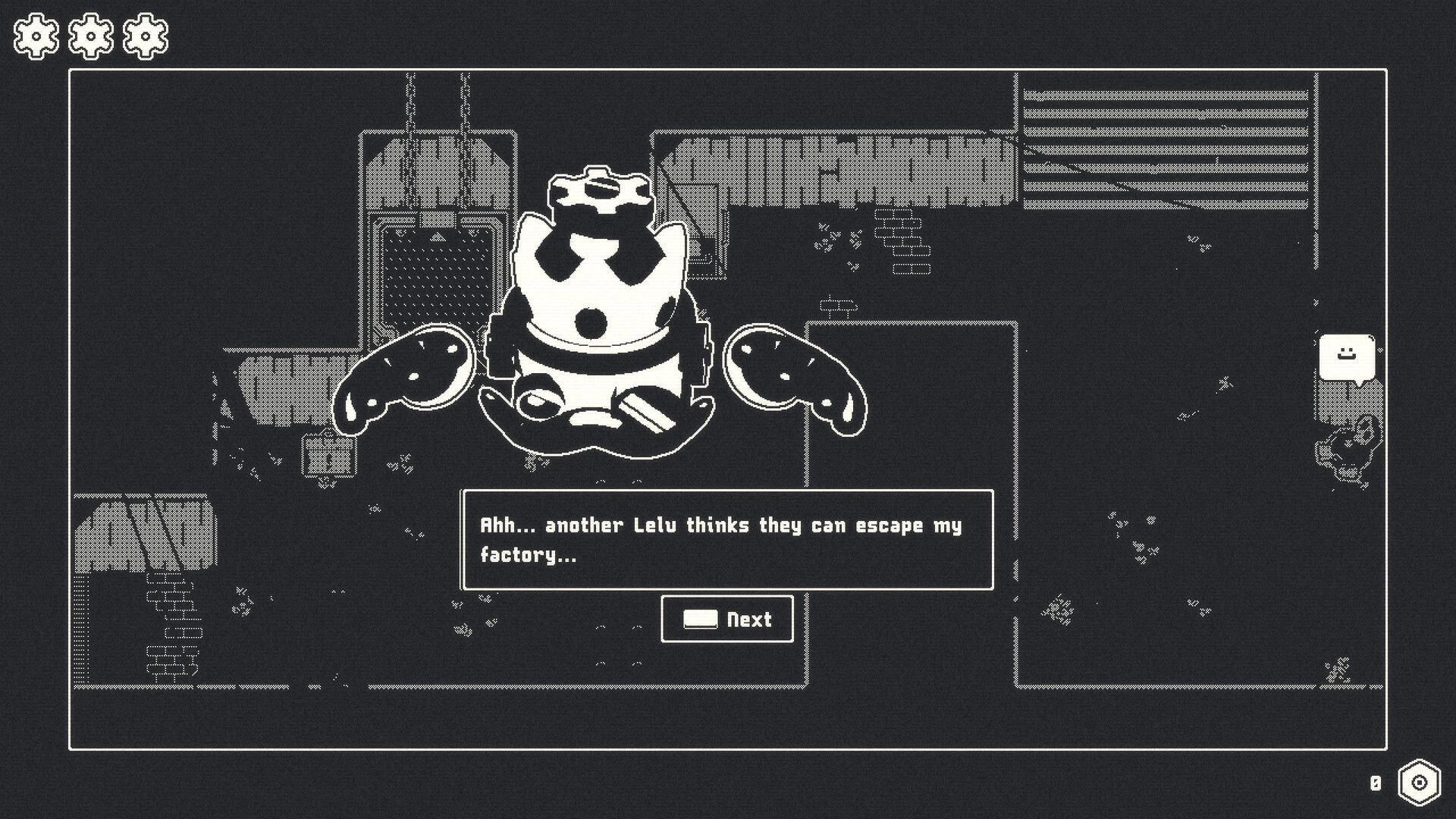 Lelu: Dialogue with factory boss in monochrome factory setting with UI showing text and controls