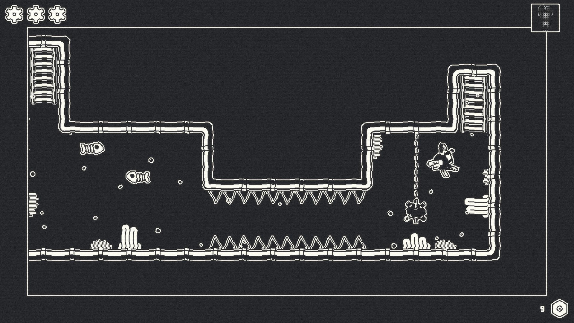 Lelu: Navigating a spiked corridor with gear-based obstacles in a monochromatic underground setting.