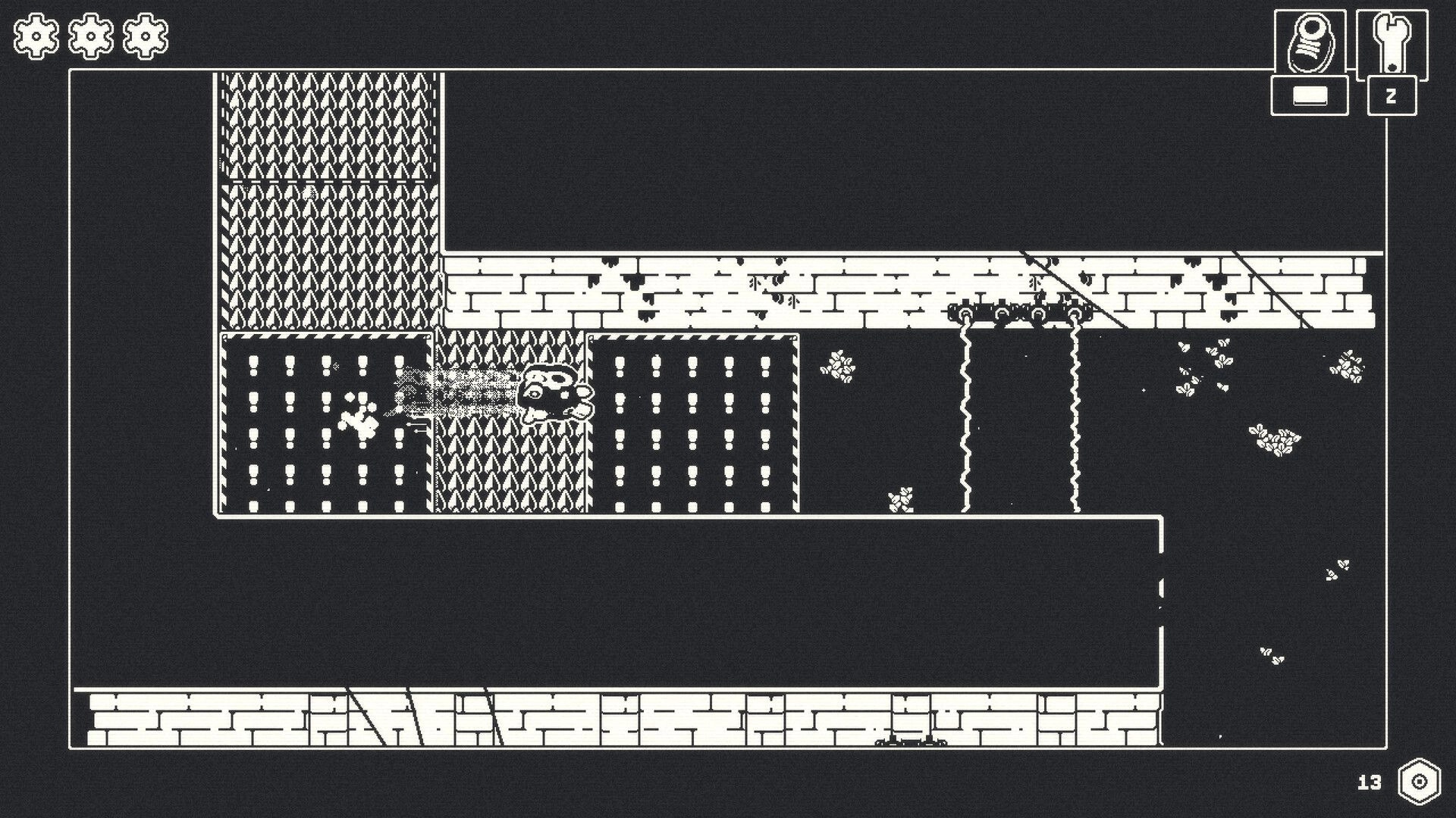 Lelu: Navigating spiked platforms in a monochrome dungeon with gears and item icons visible
