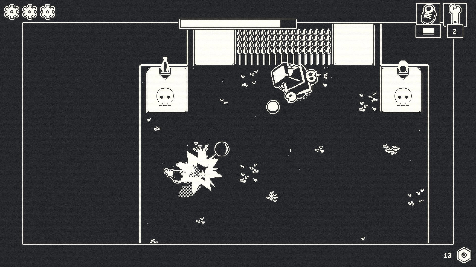 Lelu: Navigating spiked trap room, UI shows gears collected and abilities, avoiding enemy explosion