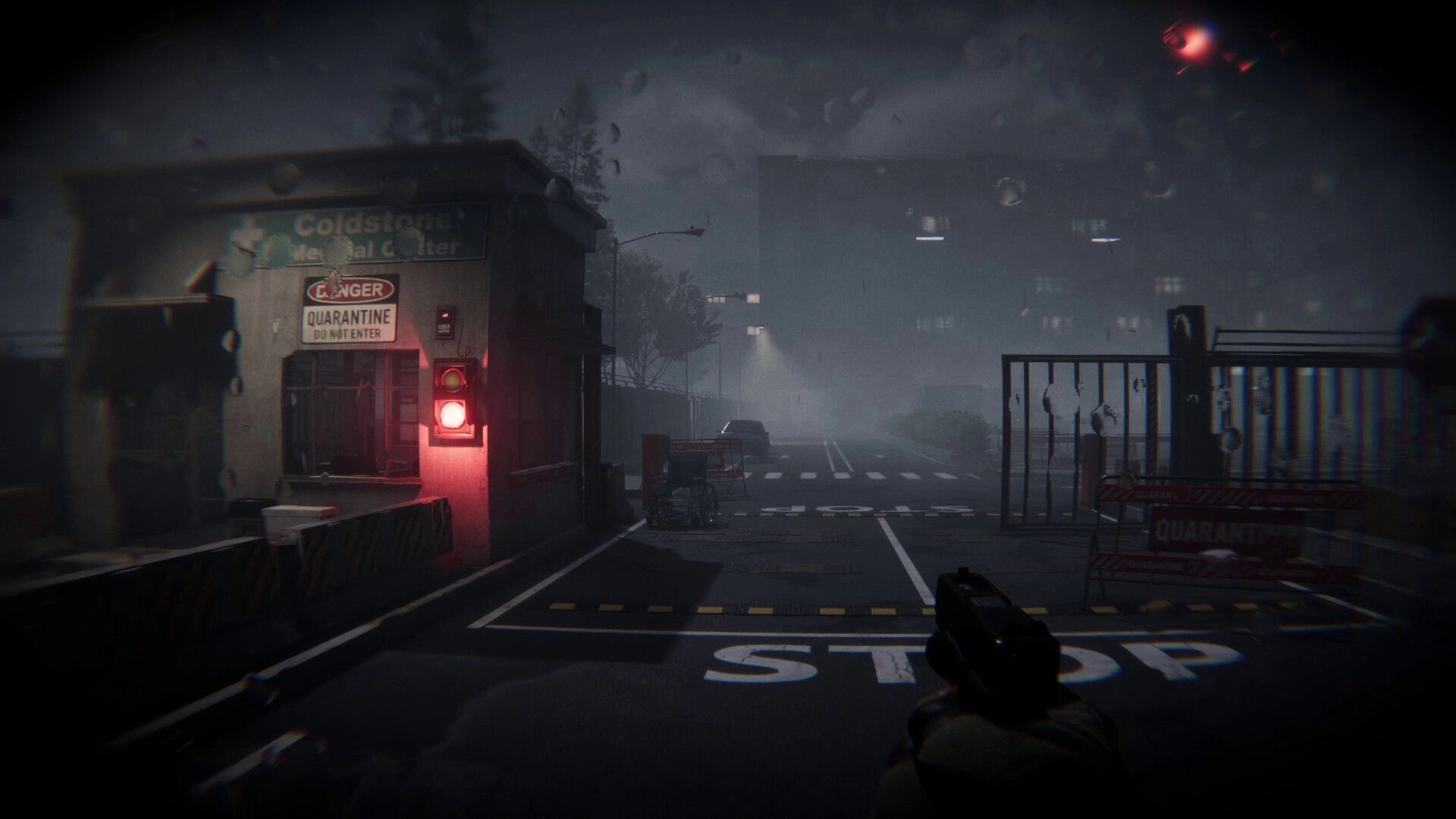 Lens Of Fear: First-person pistol aiming at quarantine checkpoint gate on a foggy, rainy street.