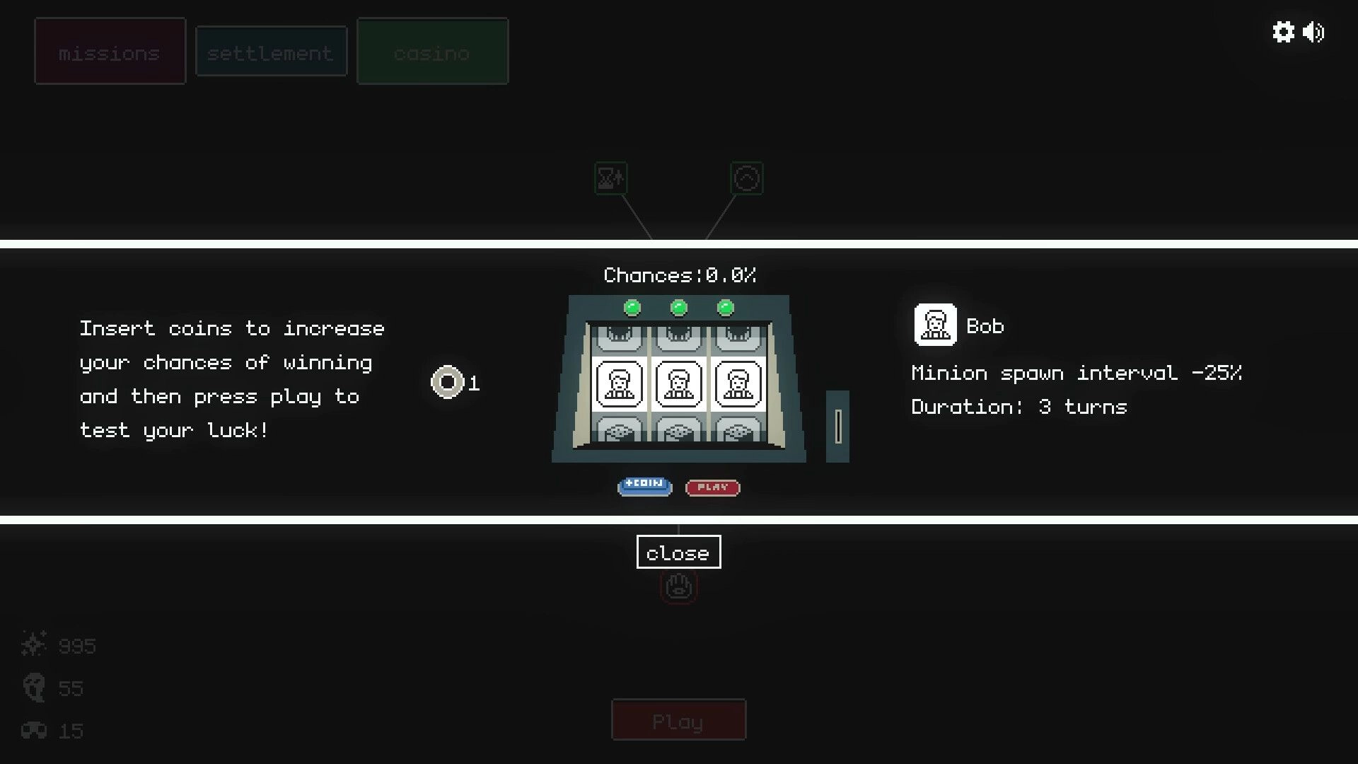 Let It Consume: Slot machine interface with coin insertion and play button, minion stats on display.