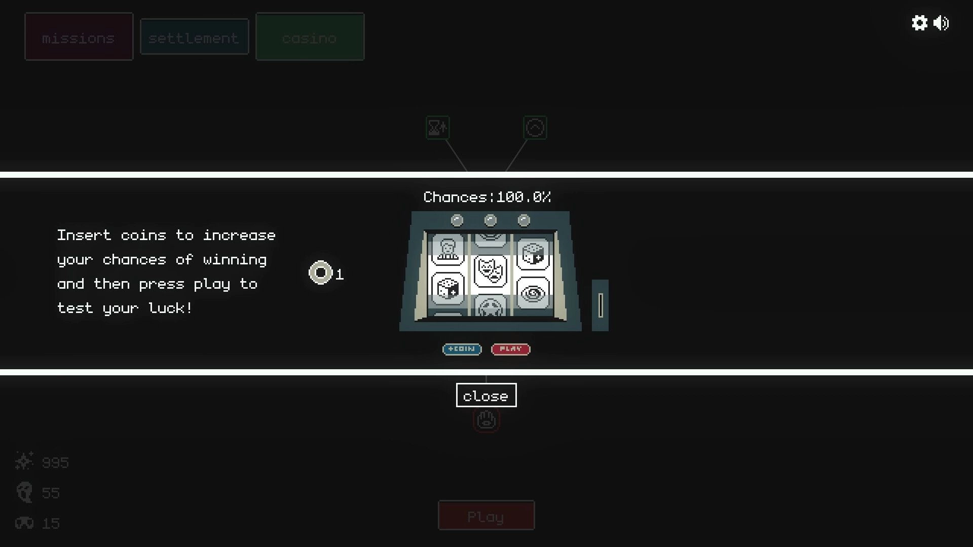 Let It Consume: Slot machine interface with coin insertion and play button in a dark casino setting