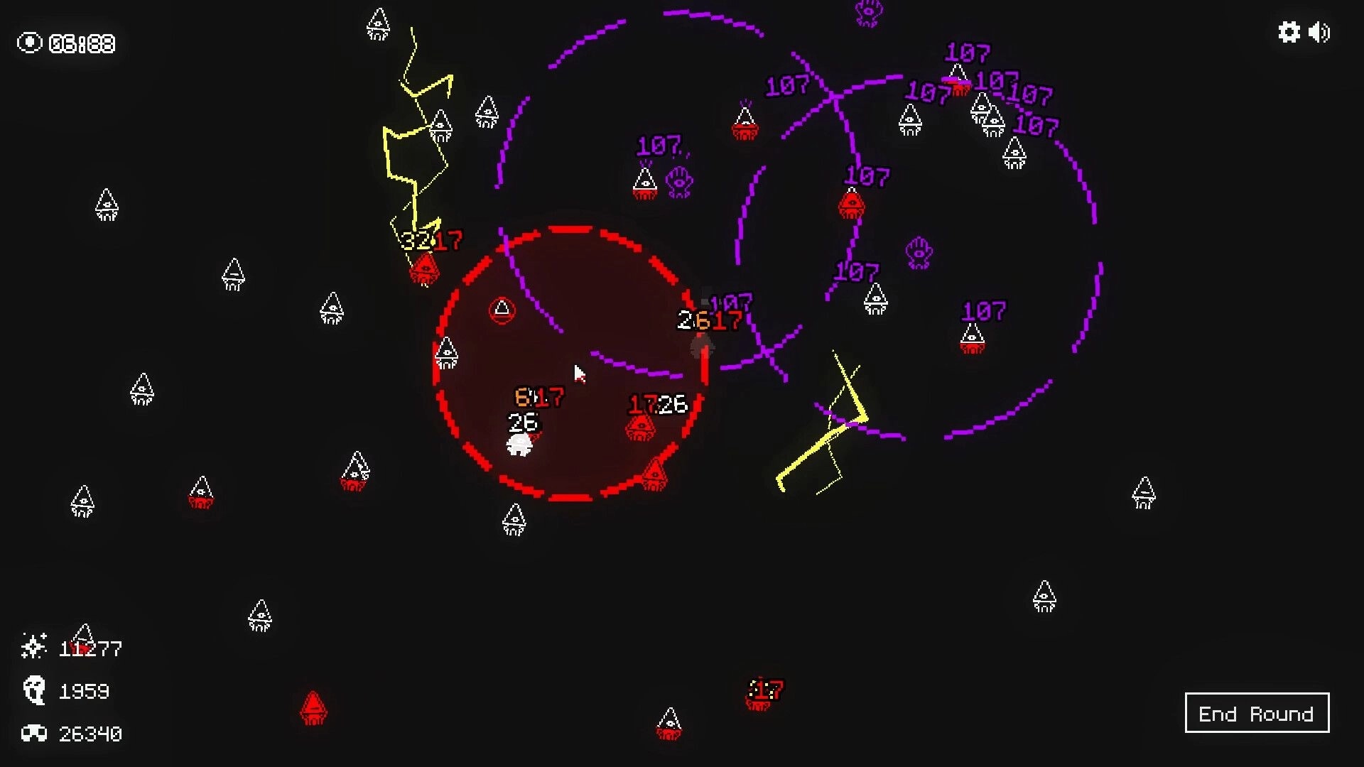 Let It Consume: Overhead battle view with imps, damage numbers, and end round button on dark background