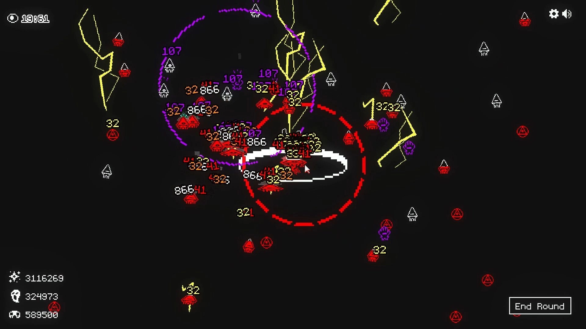Let It Consume: Swarming imps and lightning bolts in battle arena with score display and end round button
