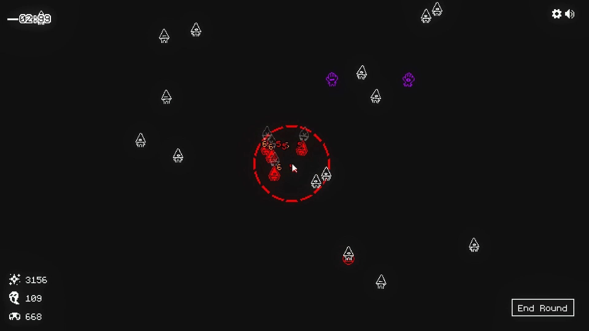 Let It Consume: Imps gather within a red circle as timer and resource counts appear on a dark screen.