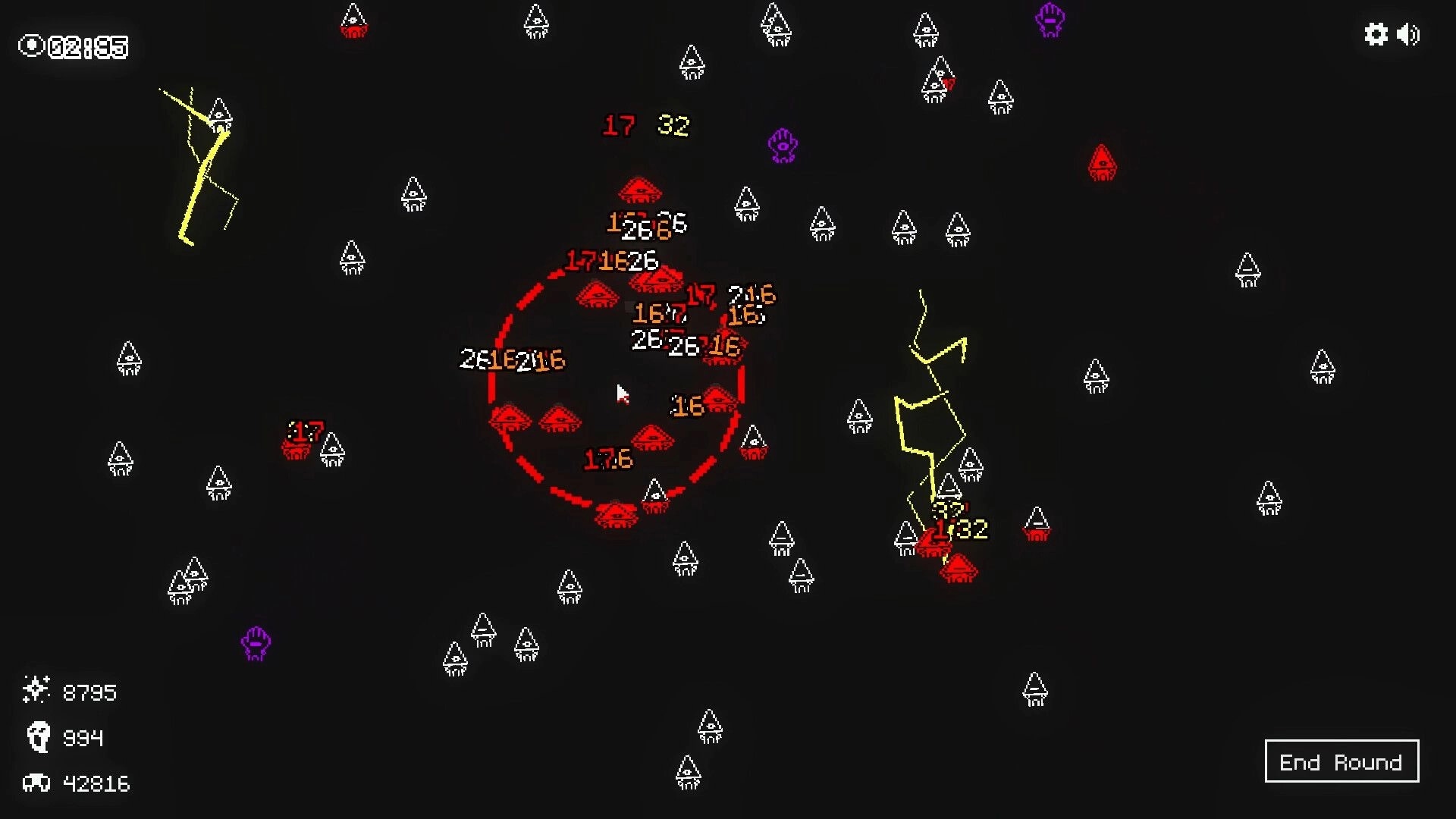 Let It Consume: Imps and red eyes in combat with numbers indicating damage in a dark, minimalistic arena