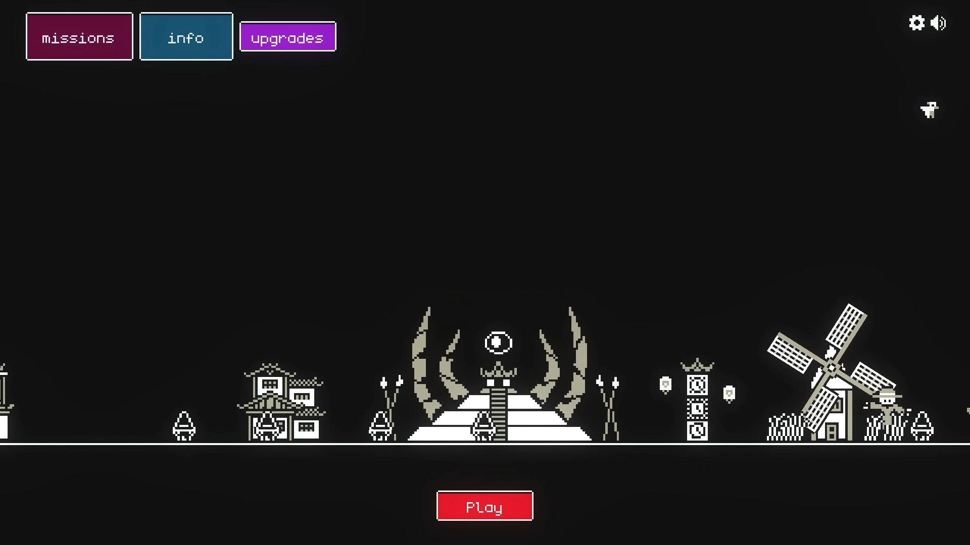 Let It Consume: Main menu with missions, info, upgrades, and play buttons against a dark cult scenery