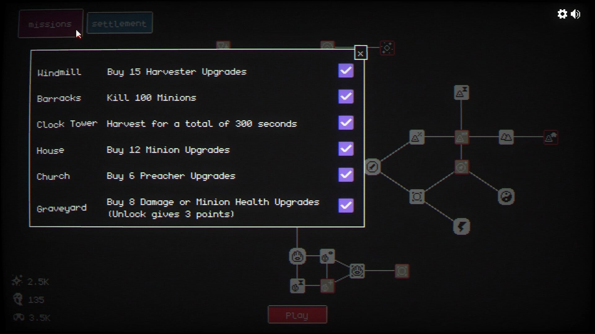 Let It Consume: Missions menu with upgrade tasks and skill tree interface in dark-themed UI