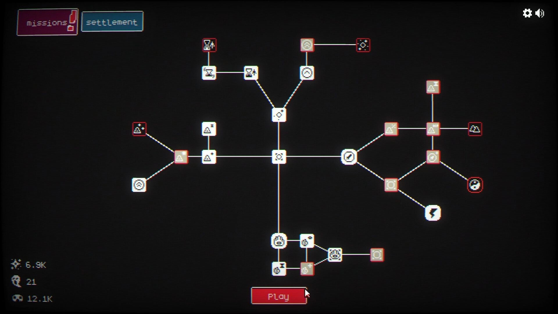 Let It Consume: Ritual upgrade tree with various nodes and a "Play" button in a dark interface
