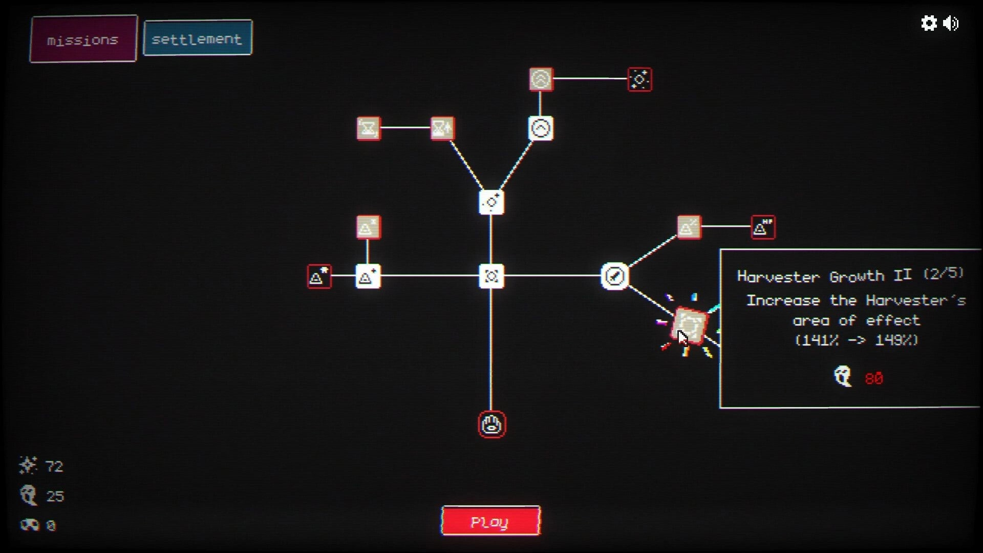 Let It Consume: Upgrade tree interface with Harvester Growth II details in a dark, minimalist setting