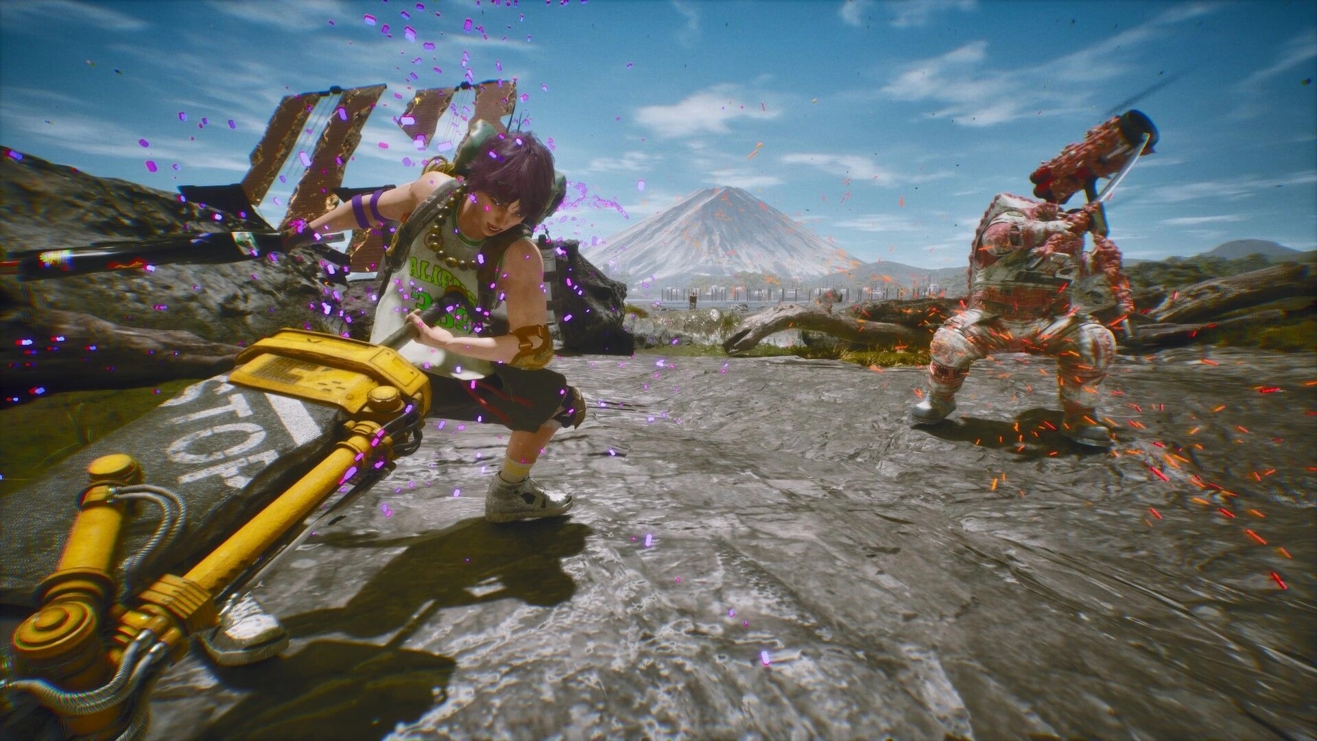 LET IT DIE: Intense melee combat between Raider and enemy with mountain backdrop in open terrain.