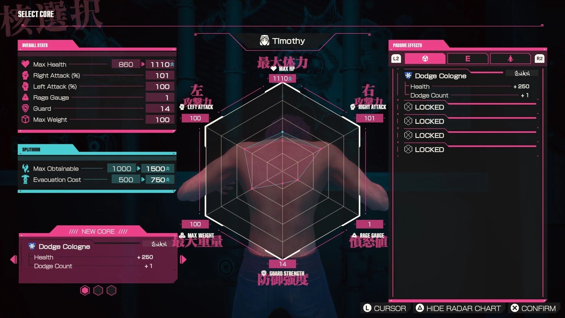 LET IT DIE: Character stats menu with radar chart and passive effects list in dark interface setting